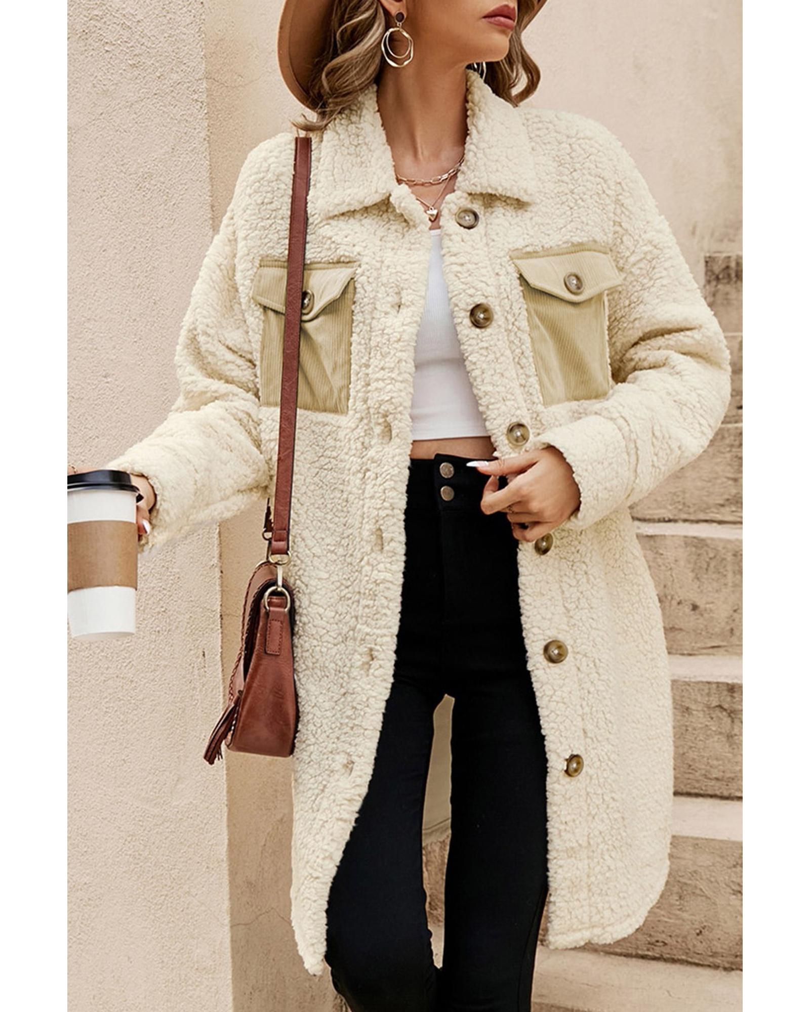 Beige Contrast Flap Pocket Single Breasted Teddy Coat - L