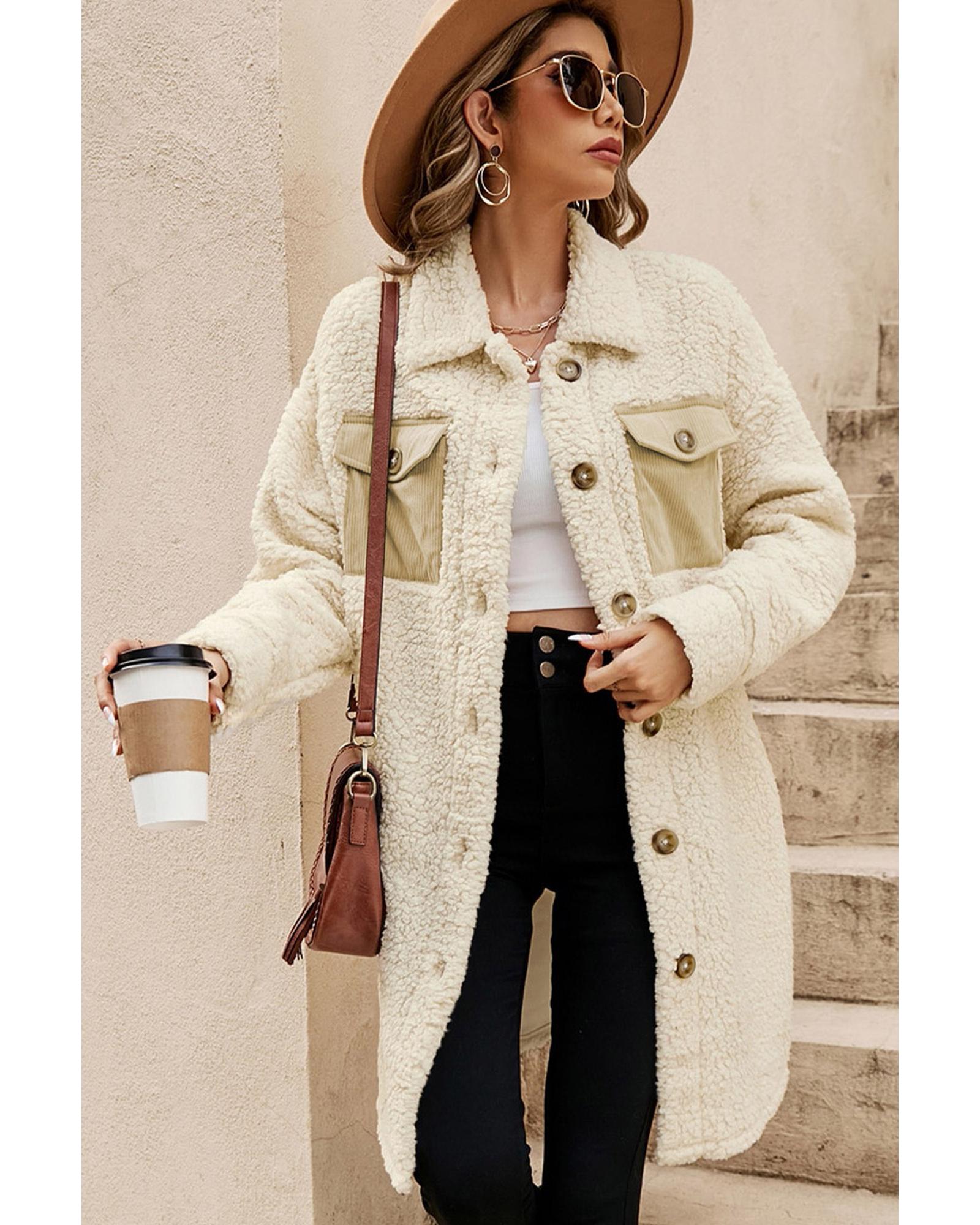 Beige Contrast Flap Pocket Single Breasted Teddy Coat - XL