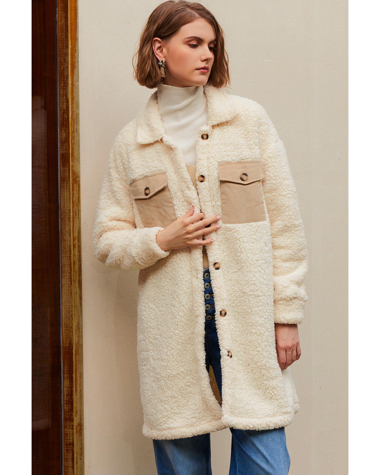 Beige Contrast Flap Pocket Single Breasted Teddy Coat - XL