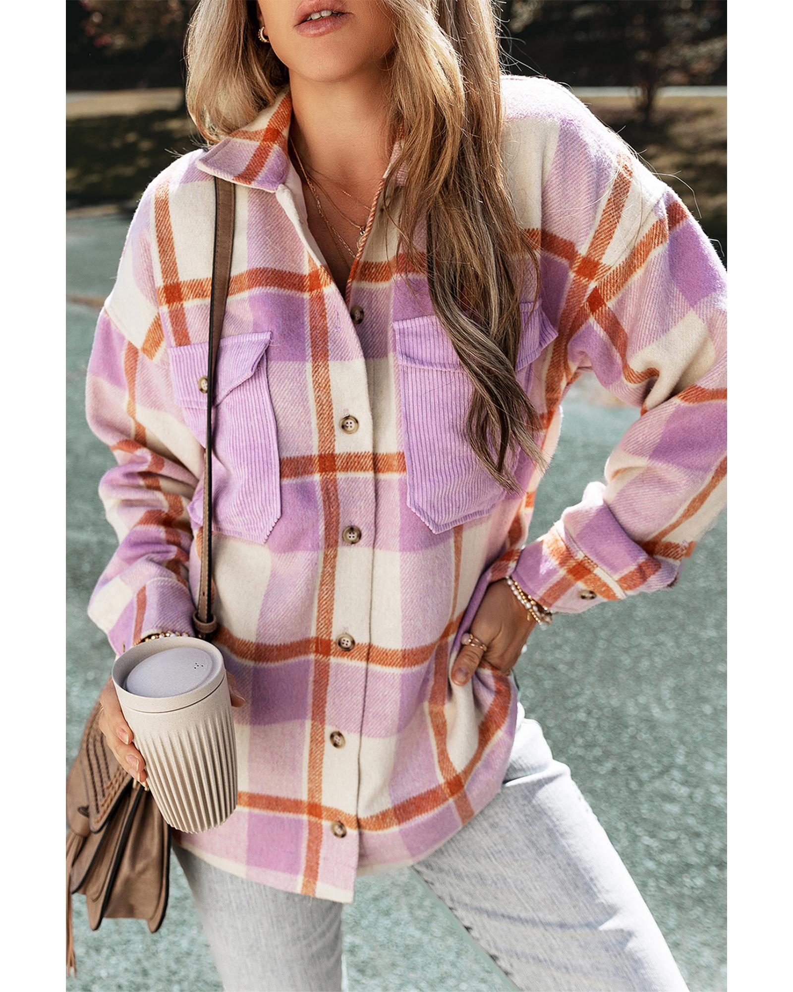 Purple Corduroy Pockets Brushed Checkered Shacket - M