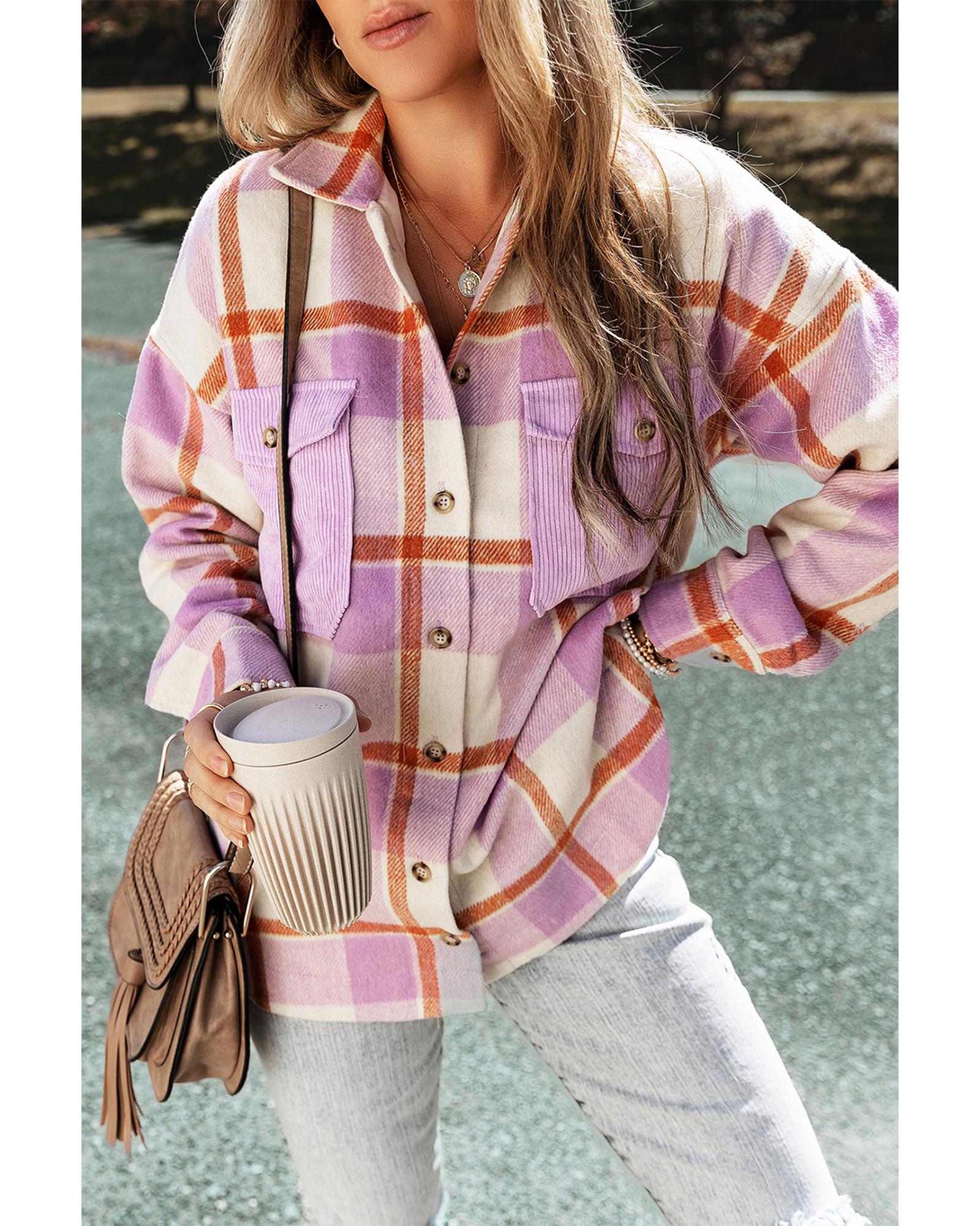 Purple Corduroy Pockets Brushed Checkered Shacket - M