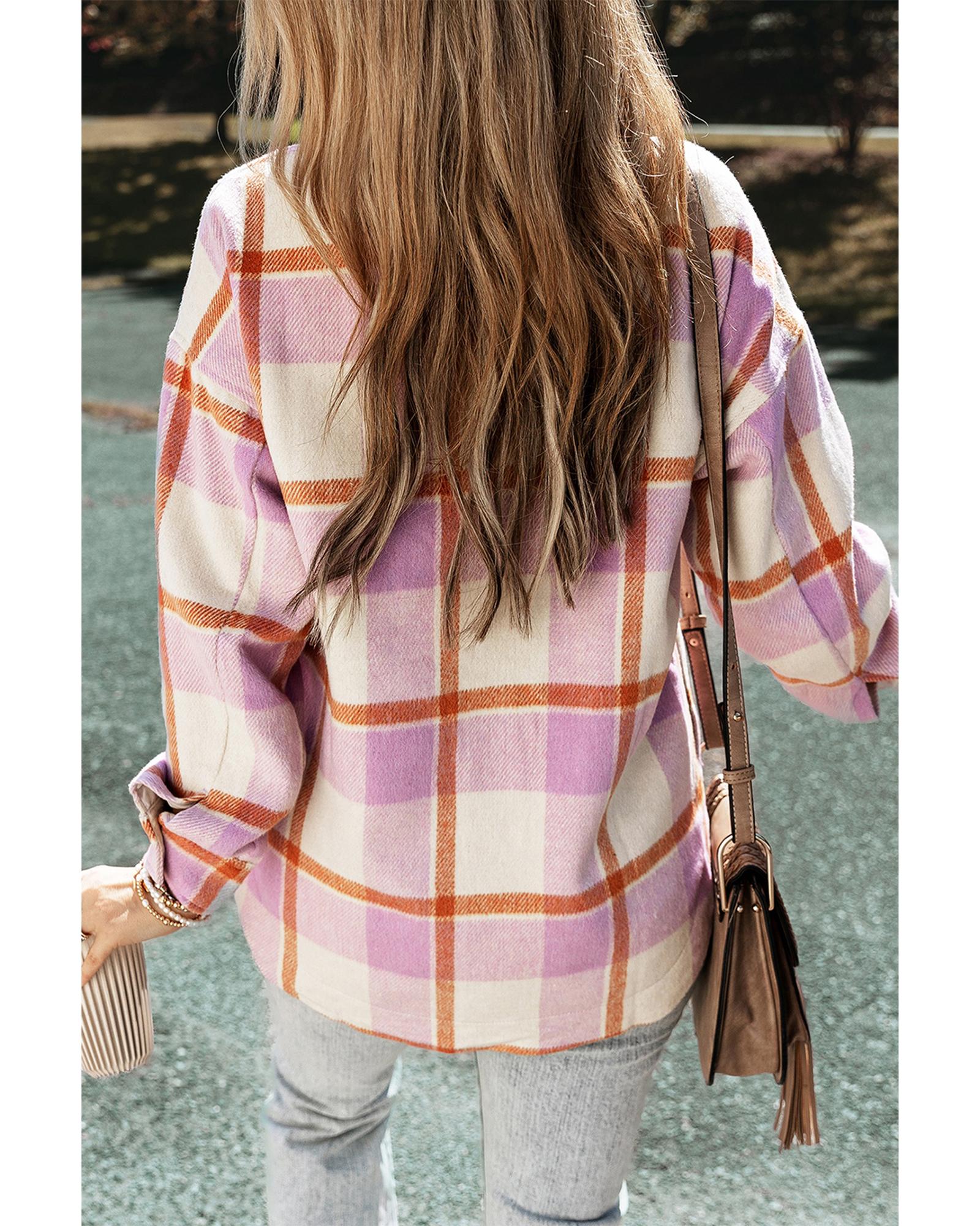 Purple Corduroy Pockets Brushed Checkered Shacket - M