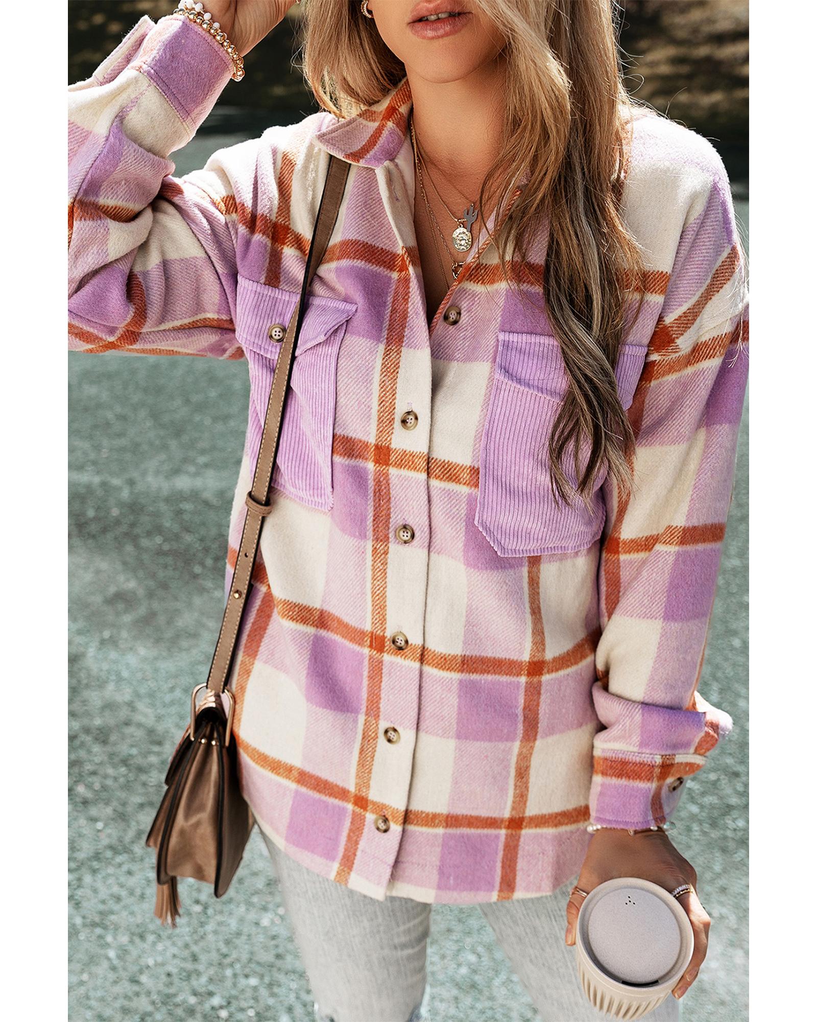 Purple Corduroy Pockets Brushed Checkered Shacket - S