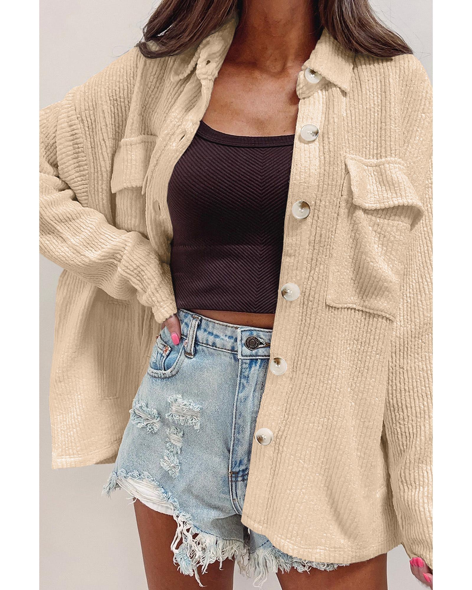 Apricot Solid Color Corduroy Buttoned Long Sleeve Shacket - 2XL