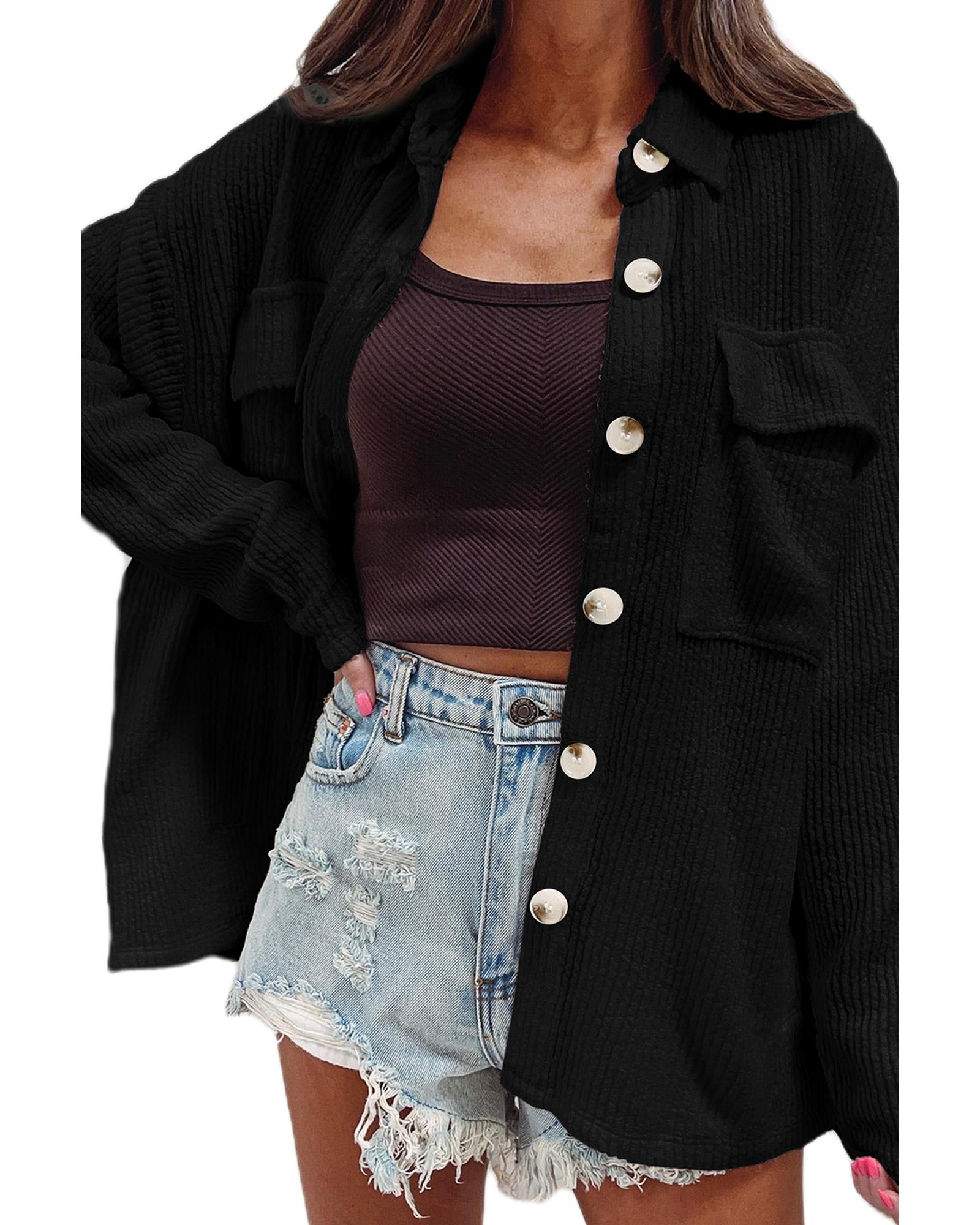 Black Solid Color Corduroy Buttoned Long Sleeve Shacket - S
