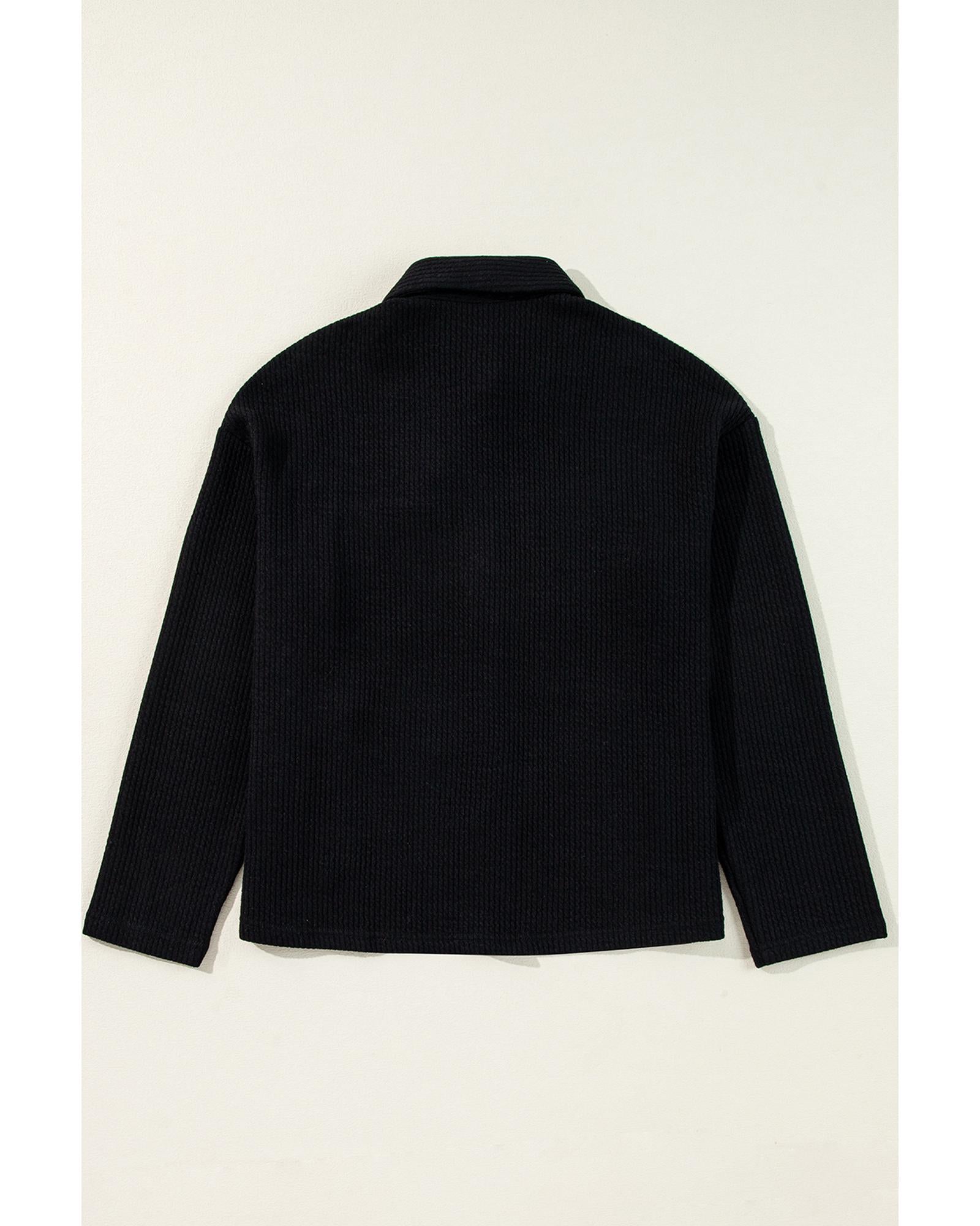 Black Solid Color Corduroy Buttoned Long Sleeve Shacket - S