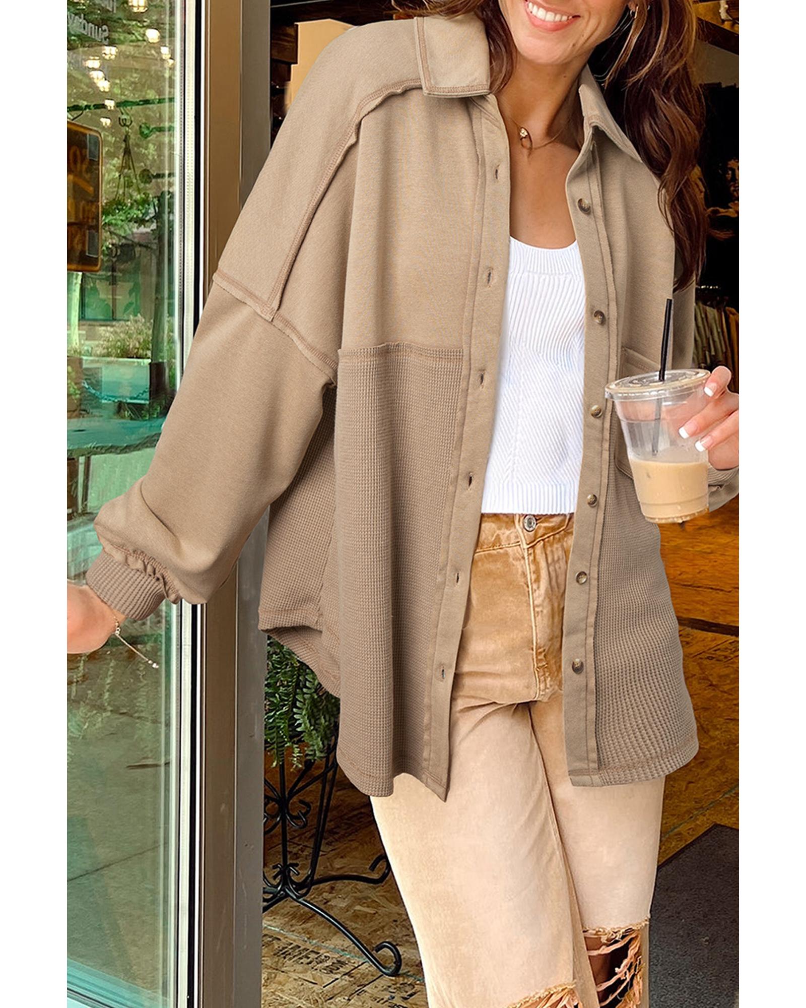 Goat Mineral Wash Textured Patchwork Loose Fit Shacket - L