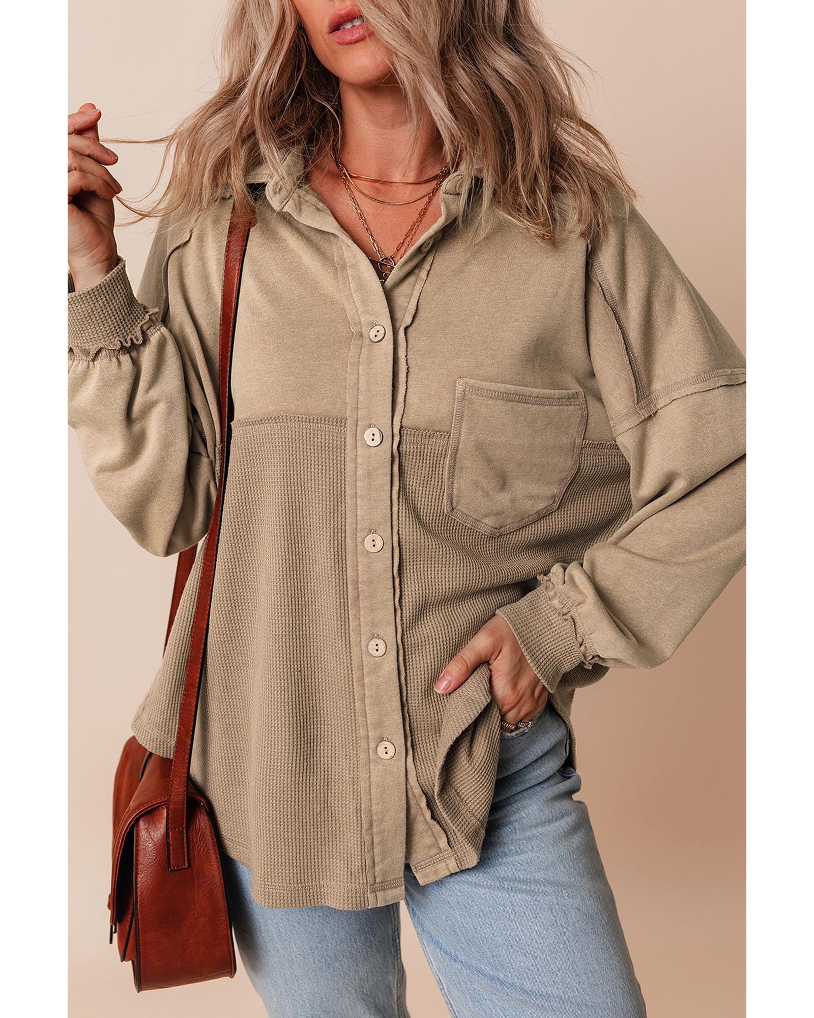 Goat Mineral Wash Textured Patchwork Loose Fit Shacket - M