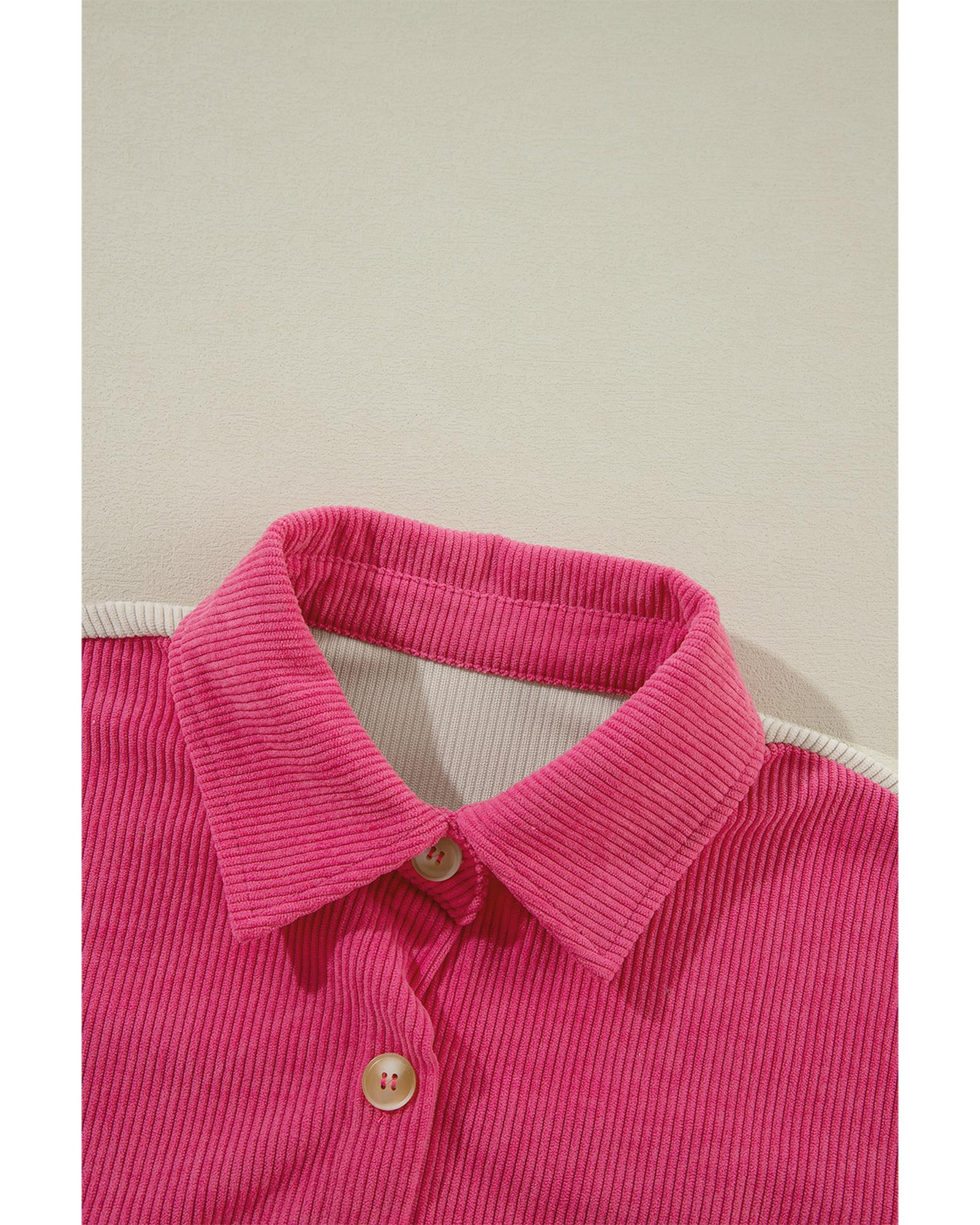 Rose Red Colorblock Curved Hem Corduroy Shacket with Pocket - L