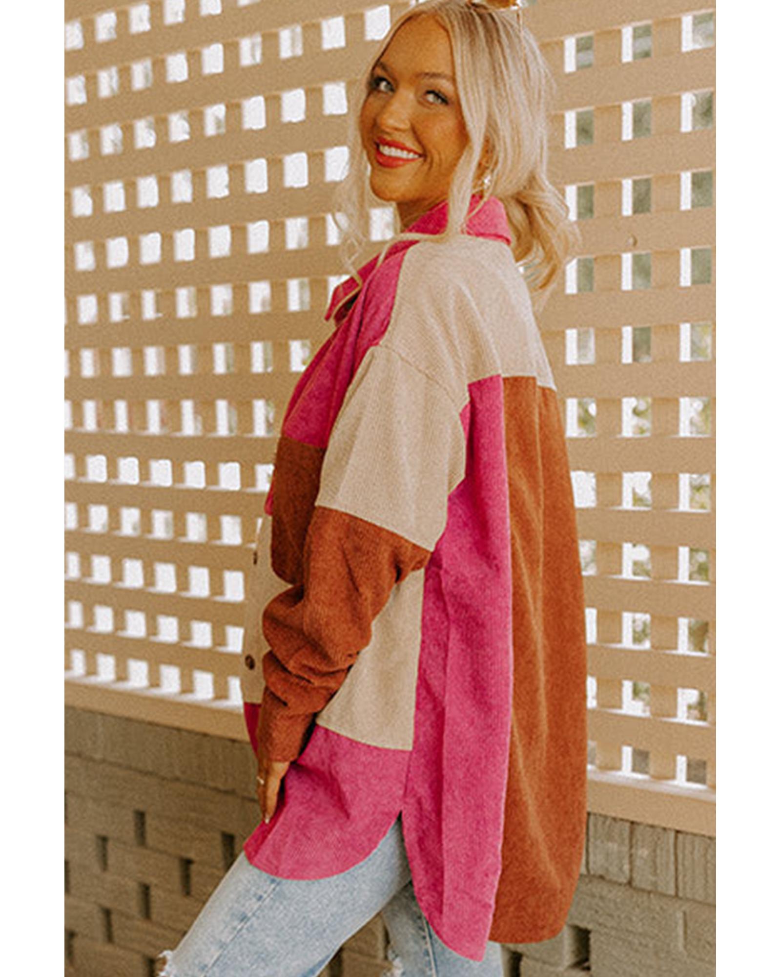 Rose Red Colorblock Curved Hem Corduroy Shacket with Pocket - L