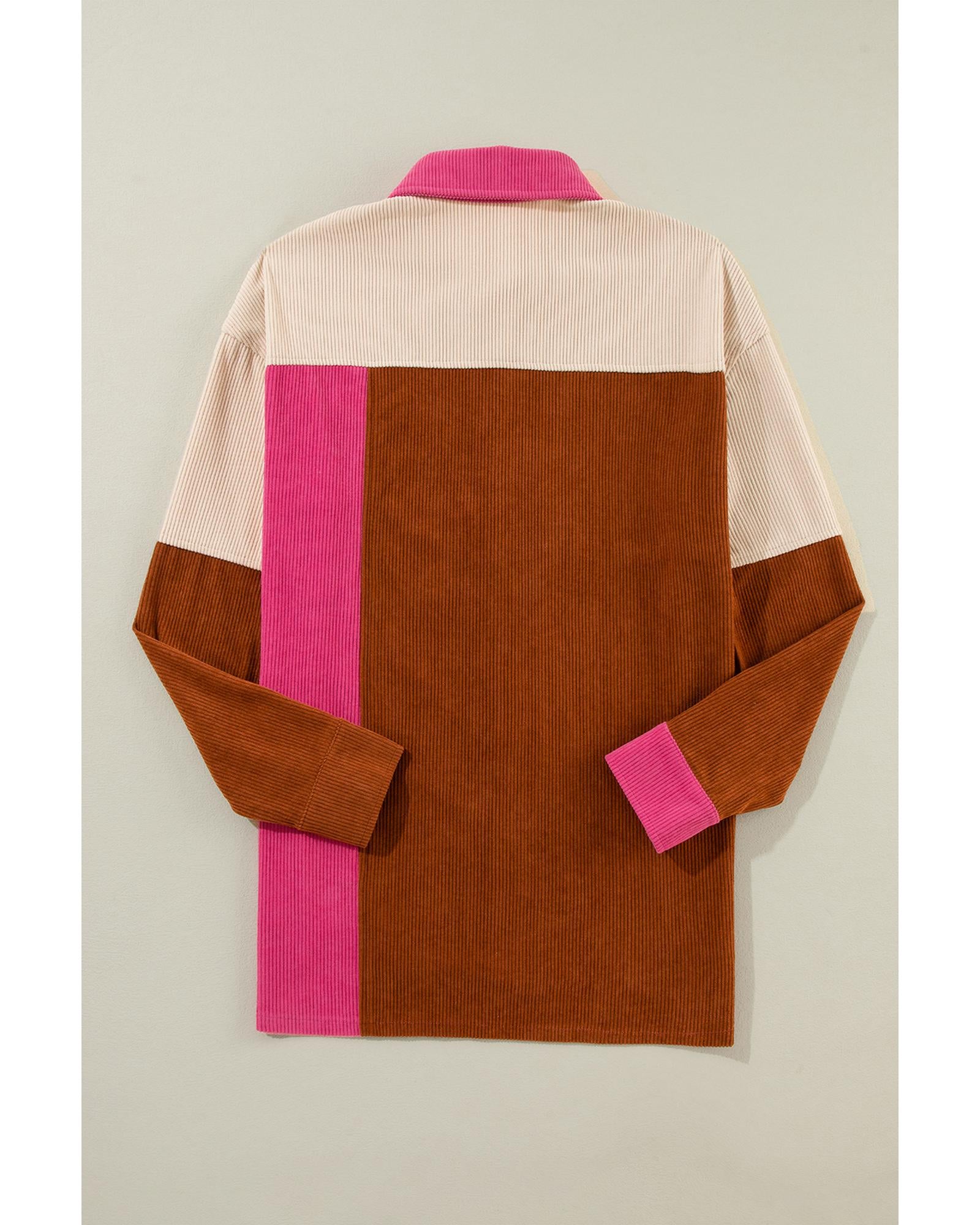 Rose Red Colorblock Curved Hem Corduroy Shacket with Pocket - M