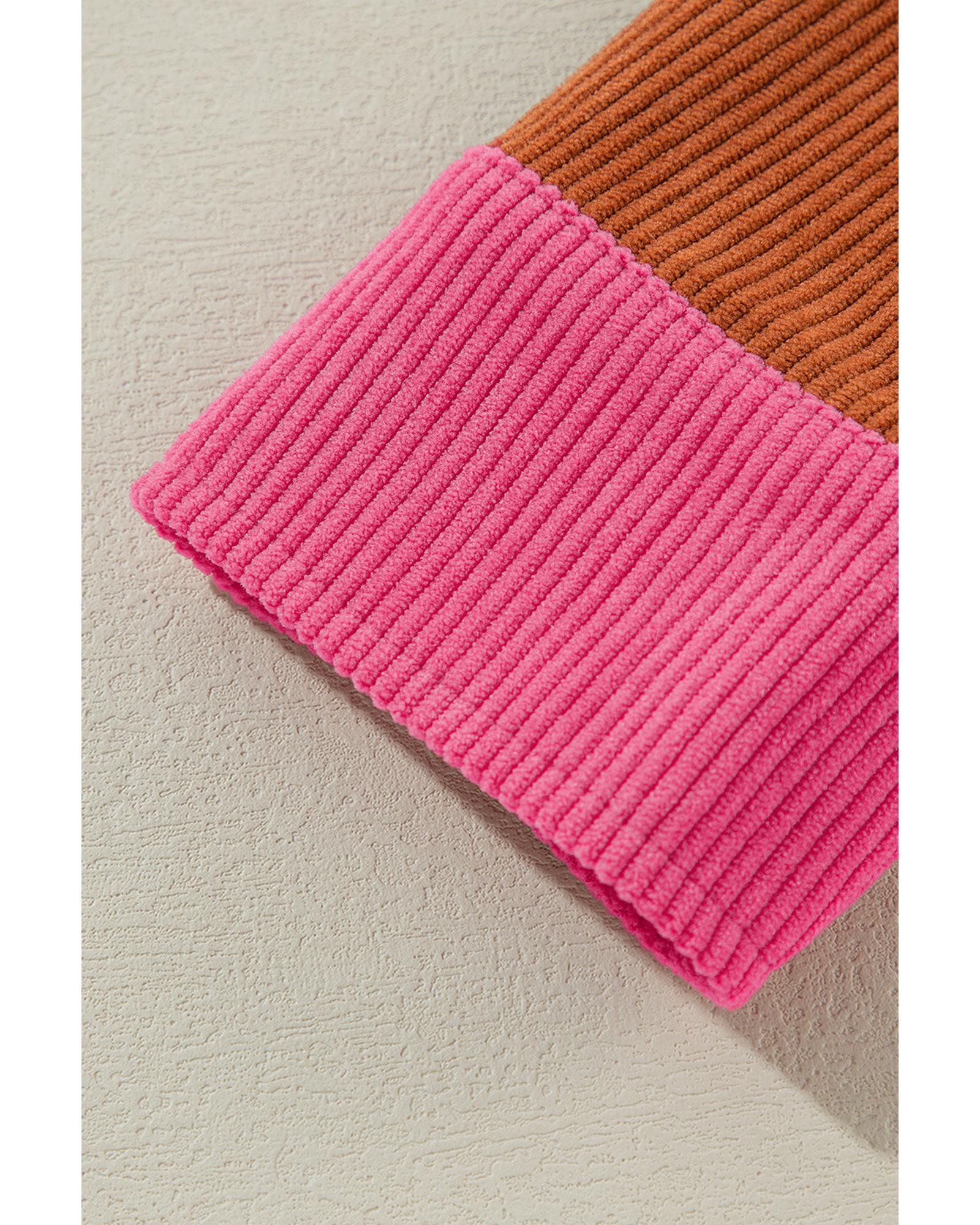 Rose Red Colorblock Curved Hem Corduroy Shacket with Pocket - M