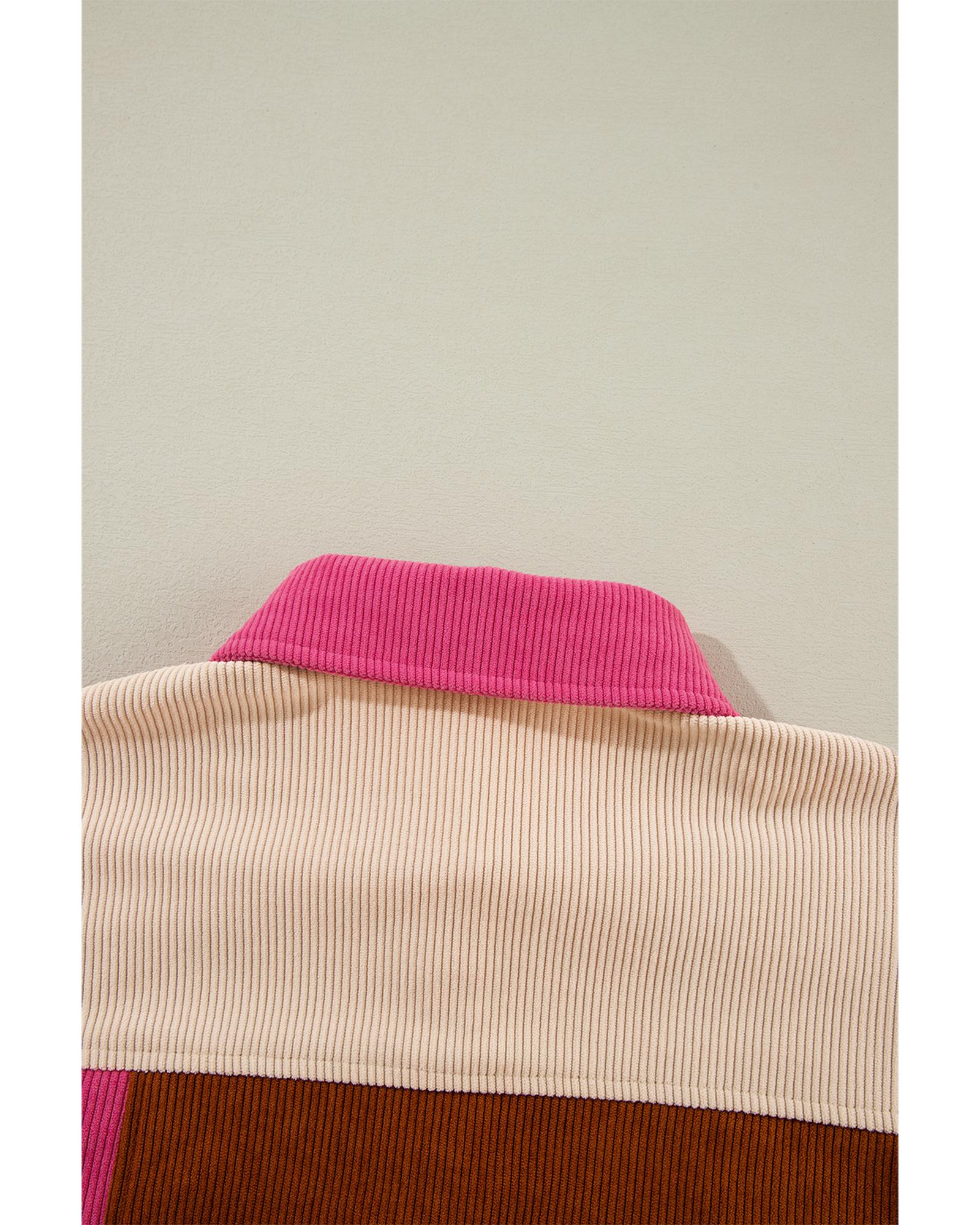Rose Red Colorblock Curved Hem Corduroy Shacket with Pocket - S