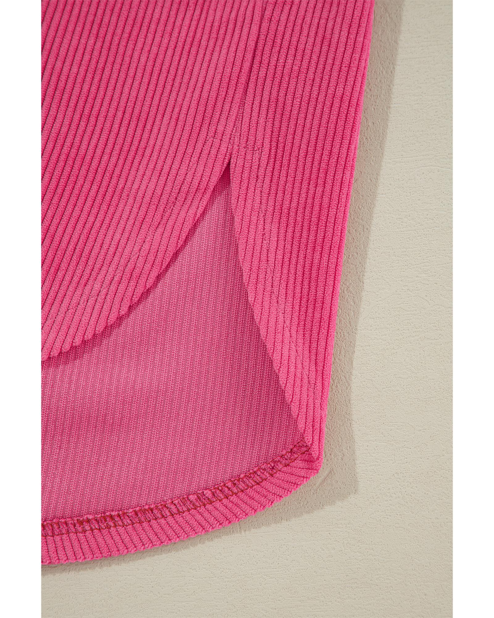 Rose Red Colorblock Curved Hem Corduroy Shacket with Pocket - S