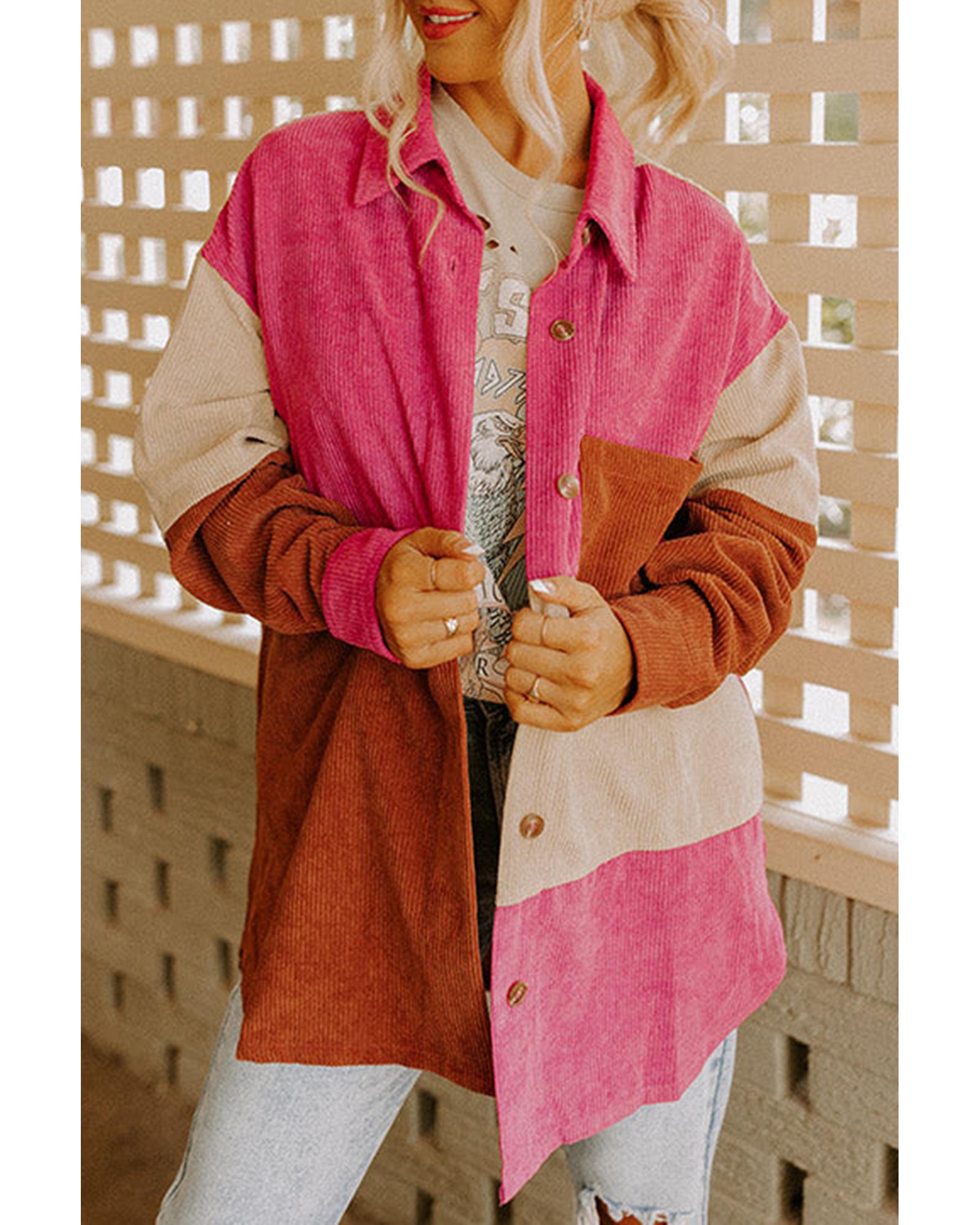 Rose Red Colorblock Curved Hem Corduroy Shacket with Pocket - S