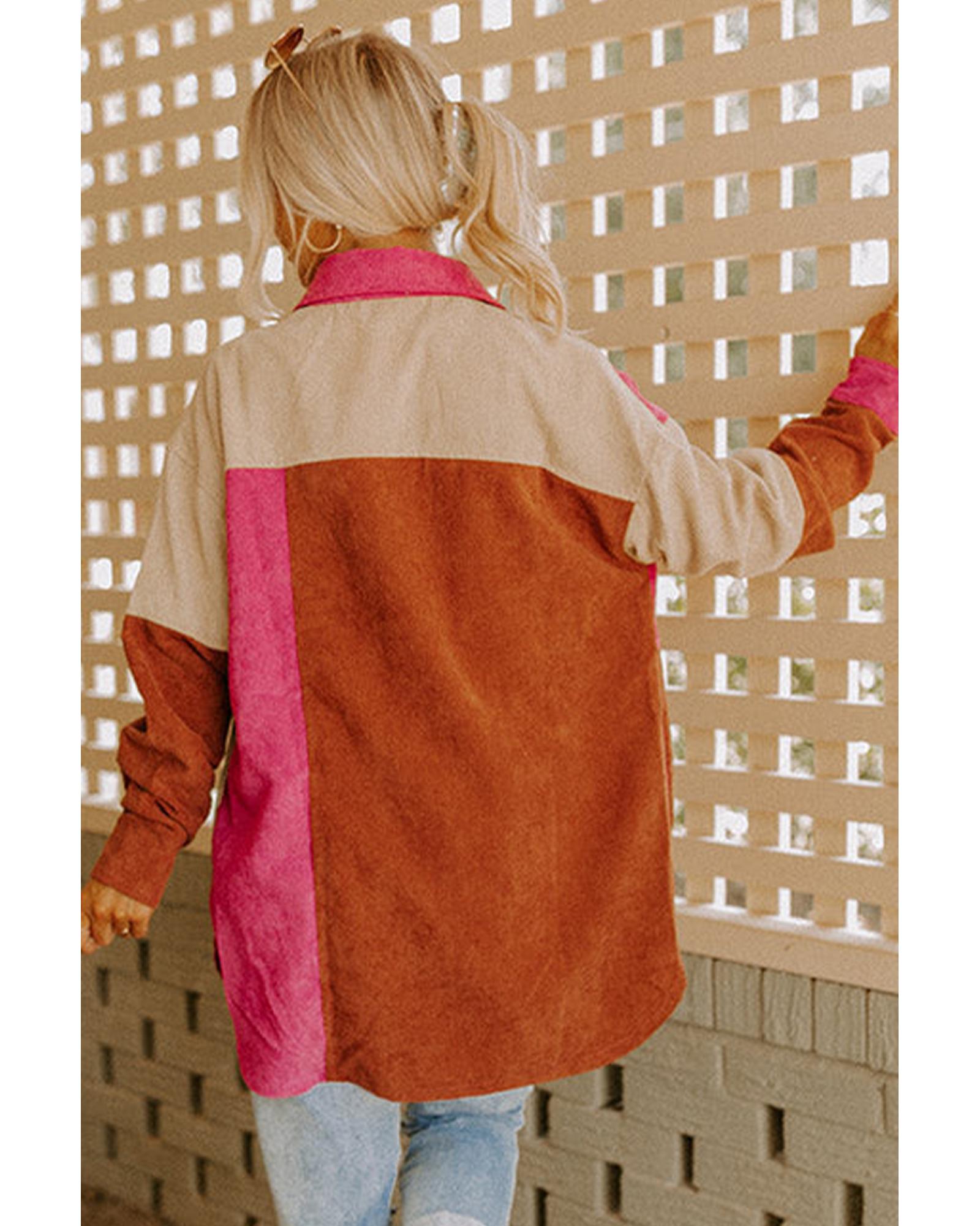 Rose Red Colorblock Curved Hem Corduroy Shacket with Pocket - XL