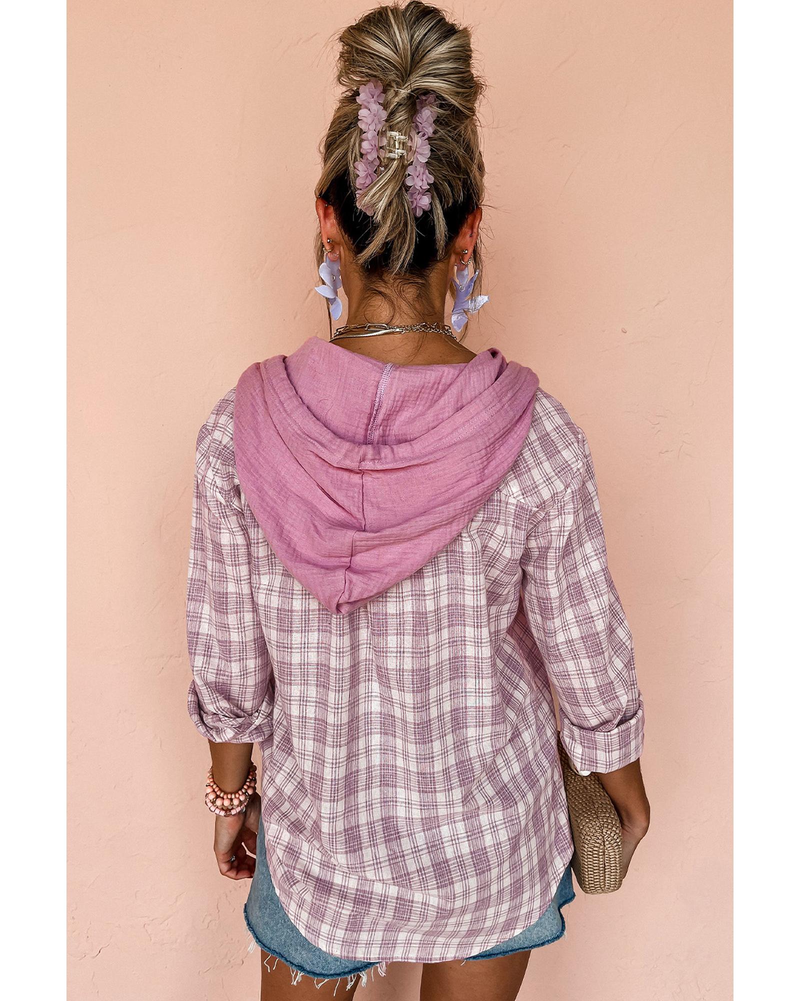 Pink Checkered Print Loose Fit Buttoned Hooded Shacket - M