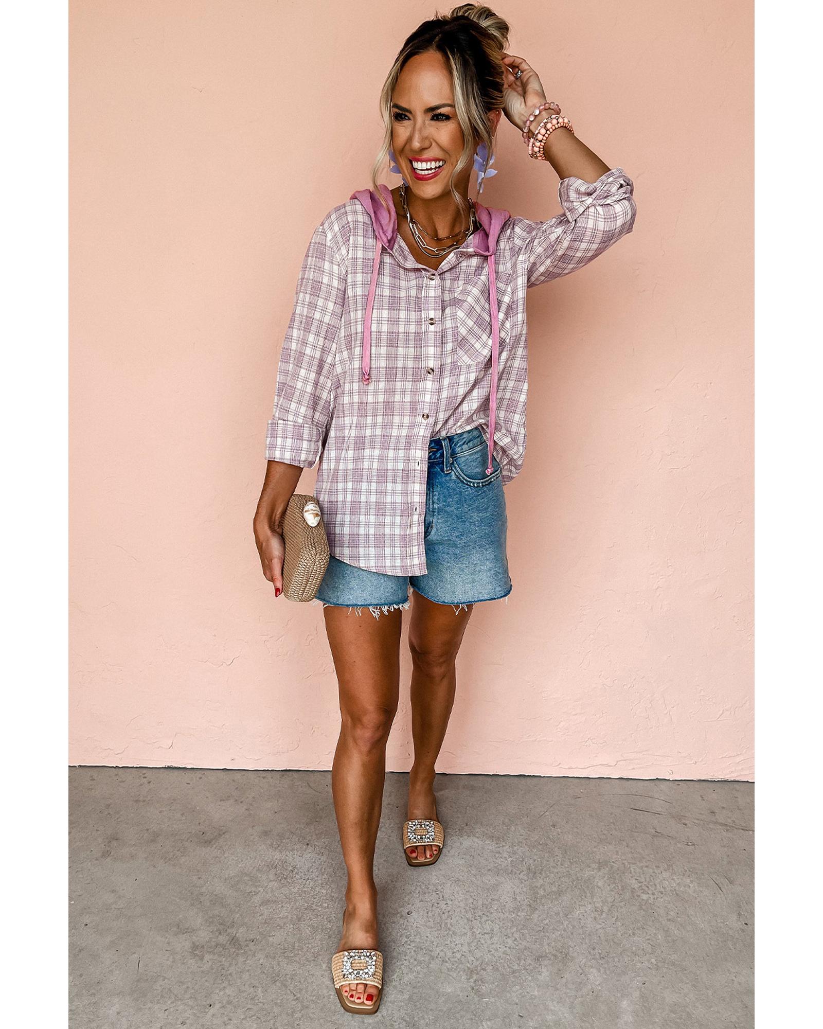 Pink Checkered Print Loose Fit Buttoned Hooded Shacket - M