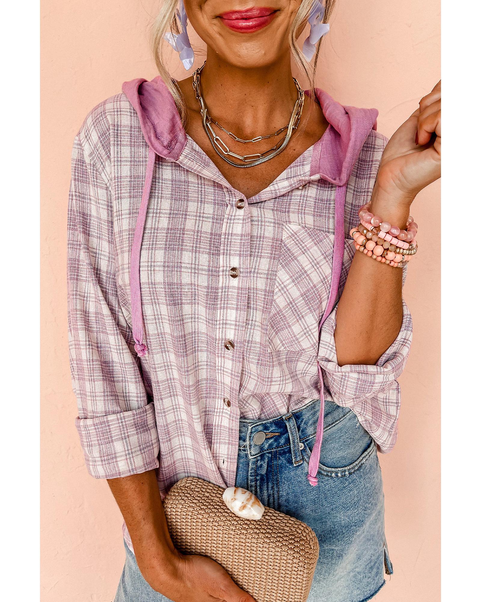 Pink Checkered Print Loose Fit Buttoned Hooded Shacket - S