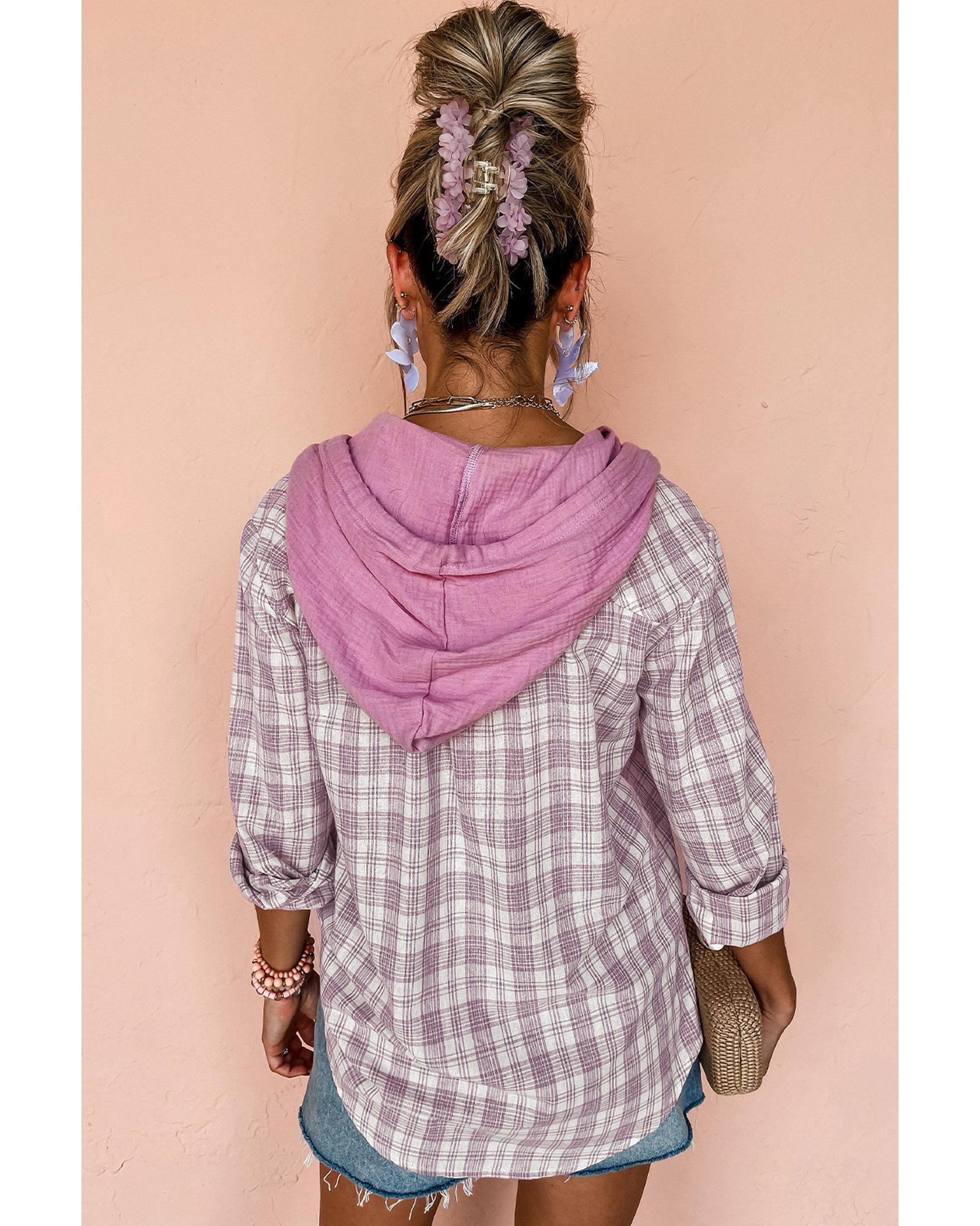 Pink Checkered Print Loose Fit Buttoned Hooded Shacket - S