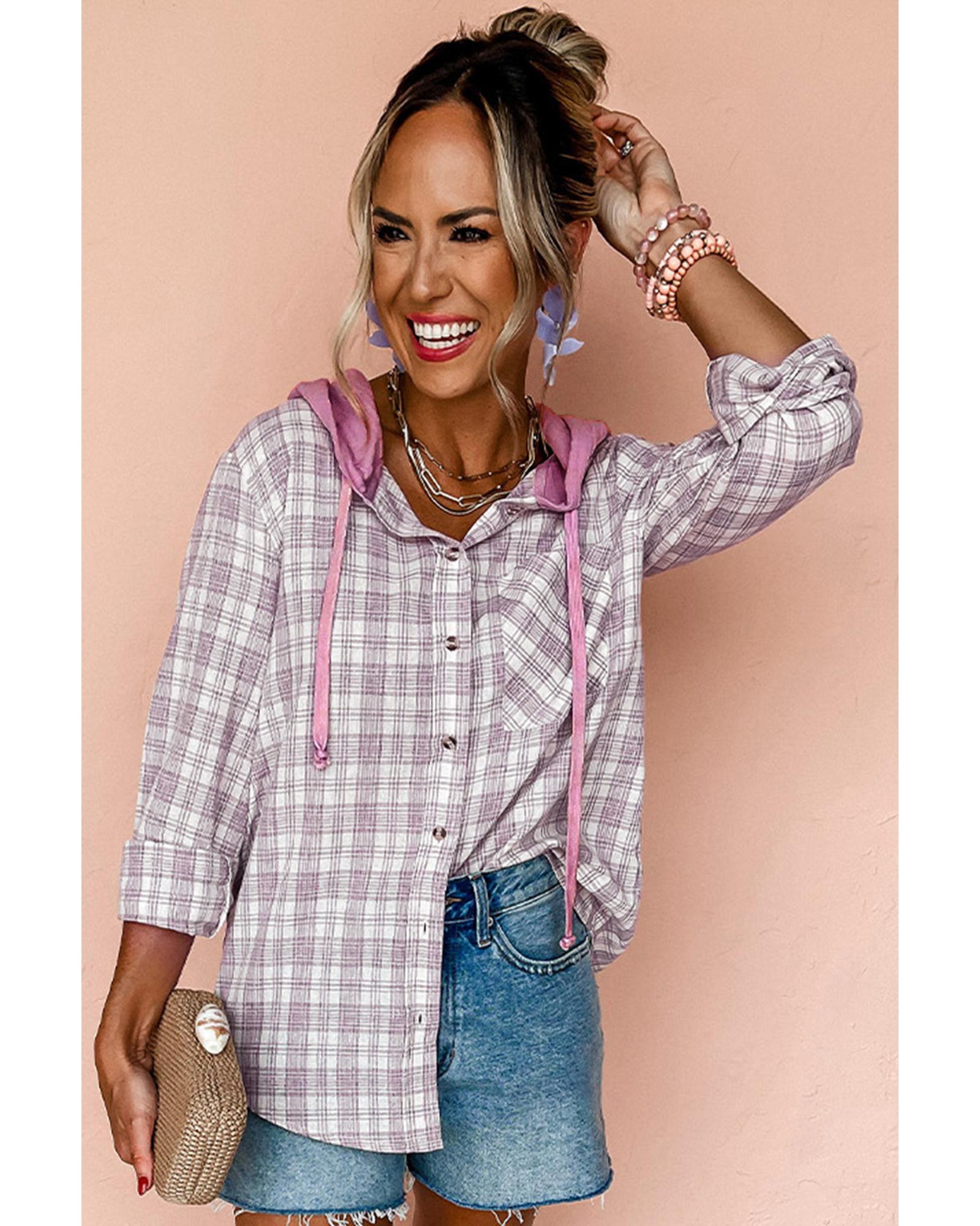 Pink Checkered Print Loose Fit Buttoned Hooded Shacket - XL