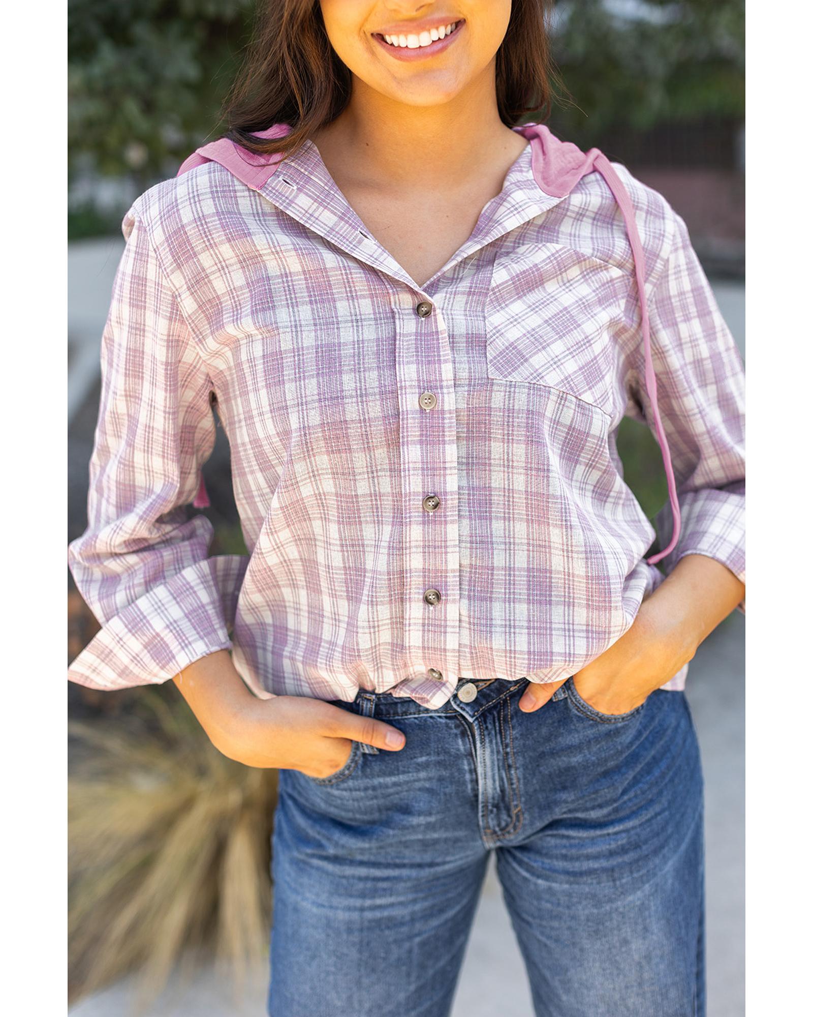 Pink Checkered Print Loose Fit Buttoned Hooded Shacket - XL