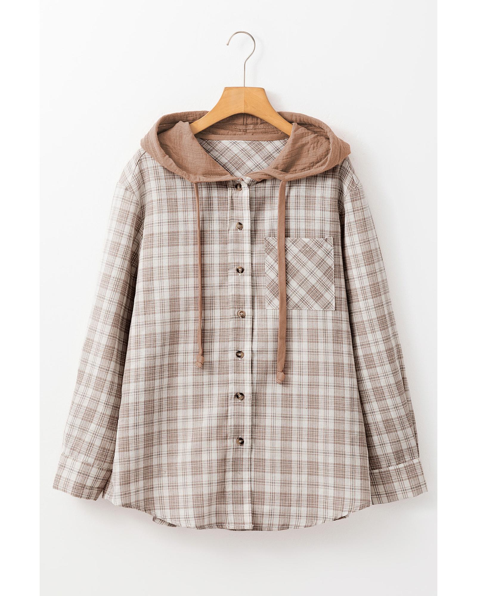Khaki Checkered Print Loose Fit Buttoned Hooded Shacket - L
