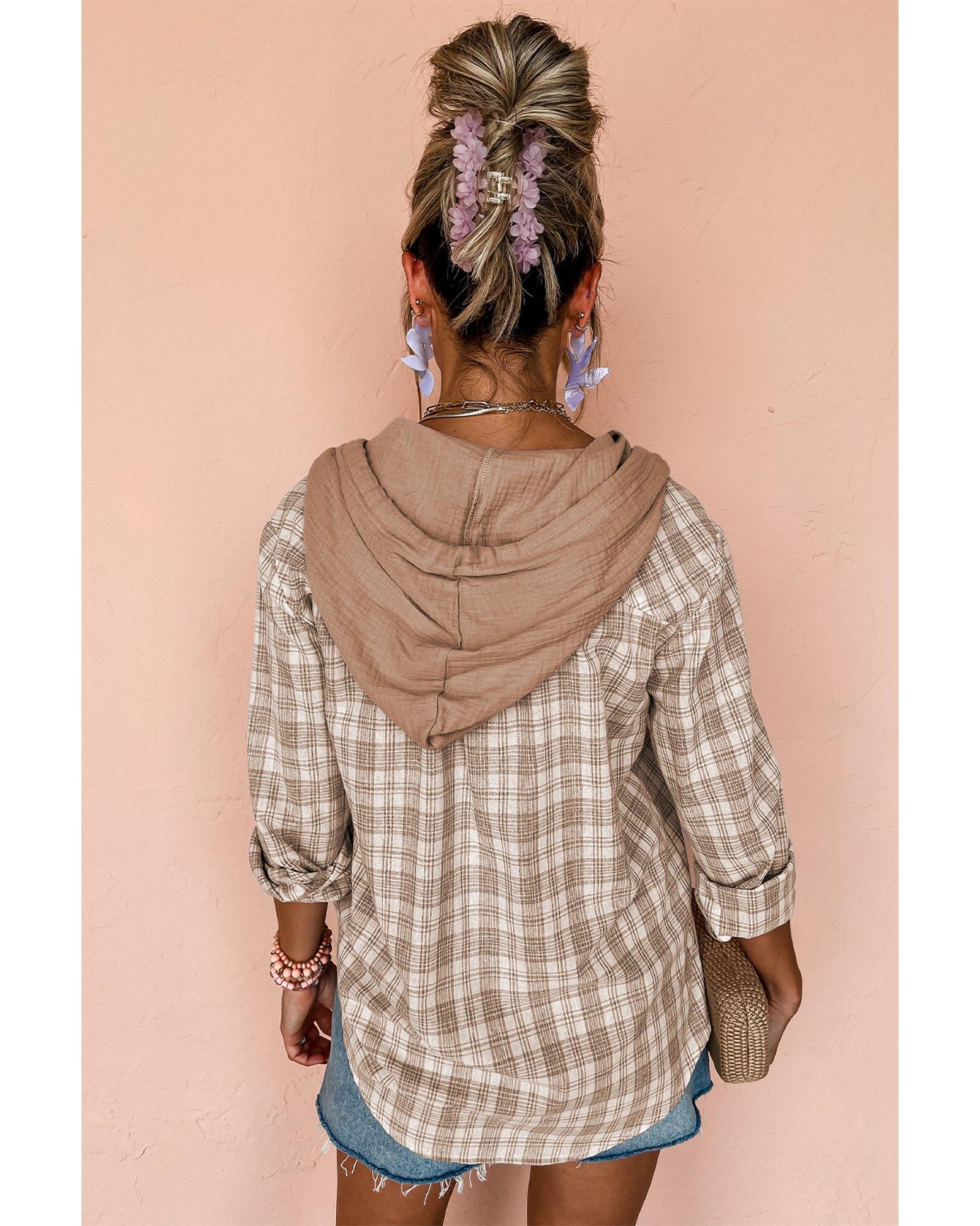 Khaki Checkered Print Loose Fit Buttoned Hooded Shacket - L