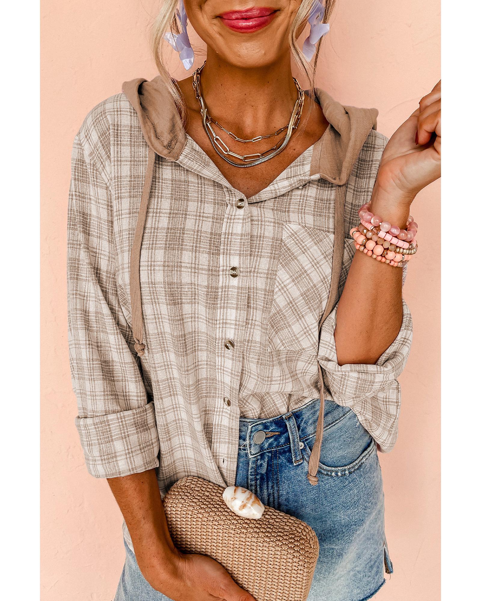 Khaki Checkered Print Loose Fit Buttoned Hooded Shacket - M