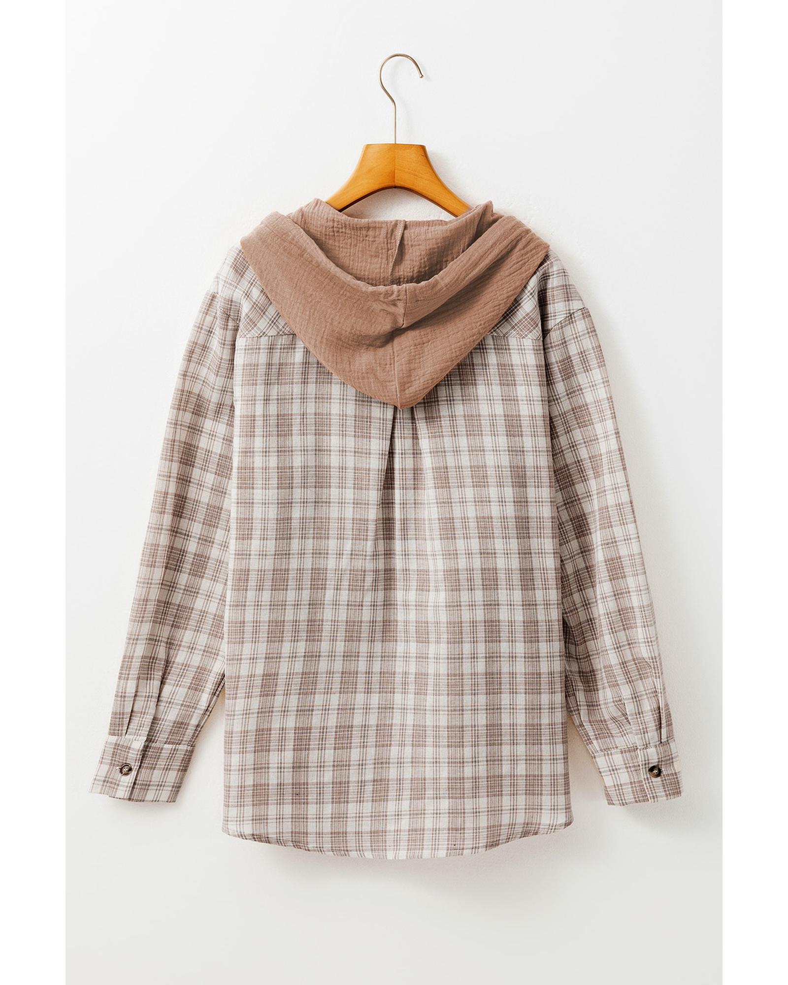 Khaki Checkered Print Loose Fit Buttoned Hooded Shacket - S