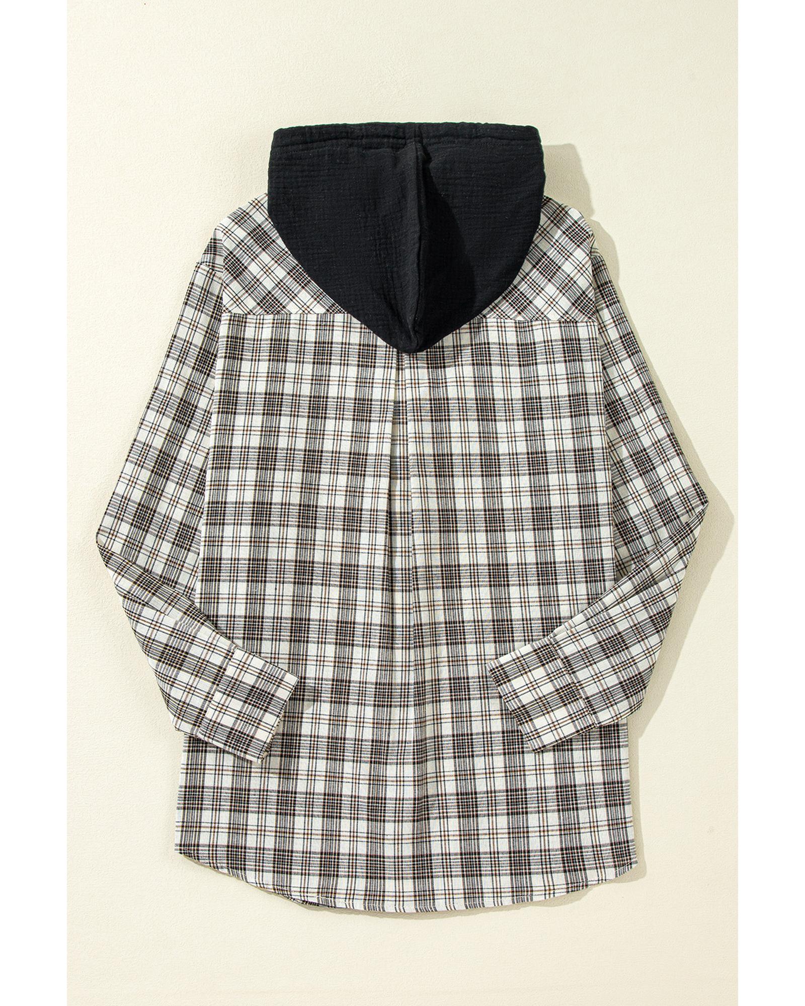 Black Checkered Print Loose Fit Buttoned Hooded Shacket - M