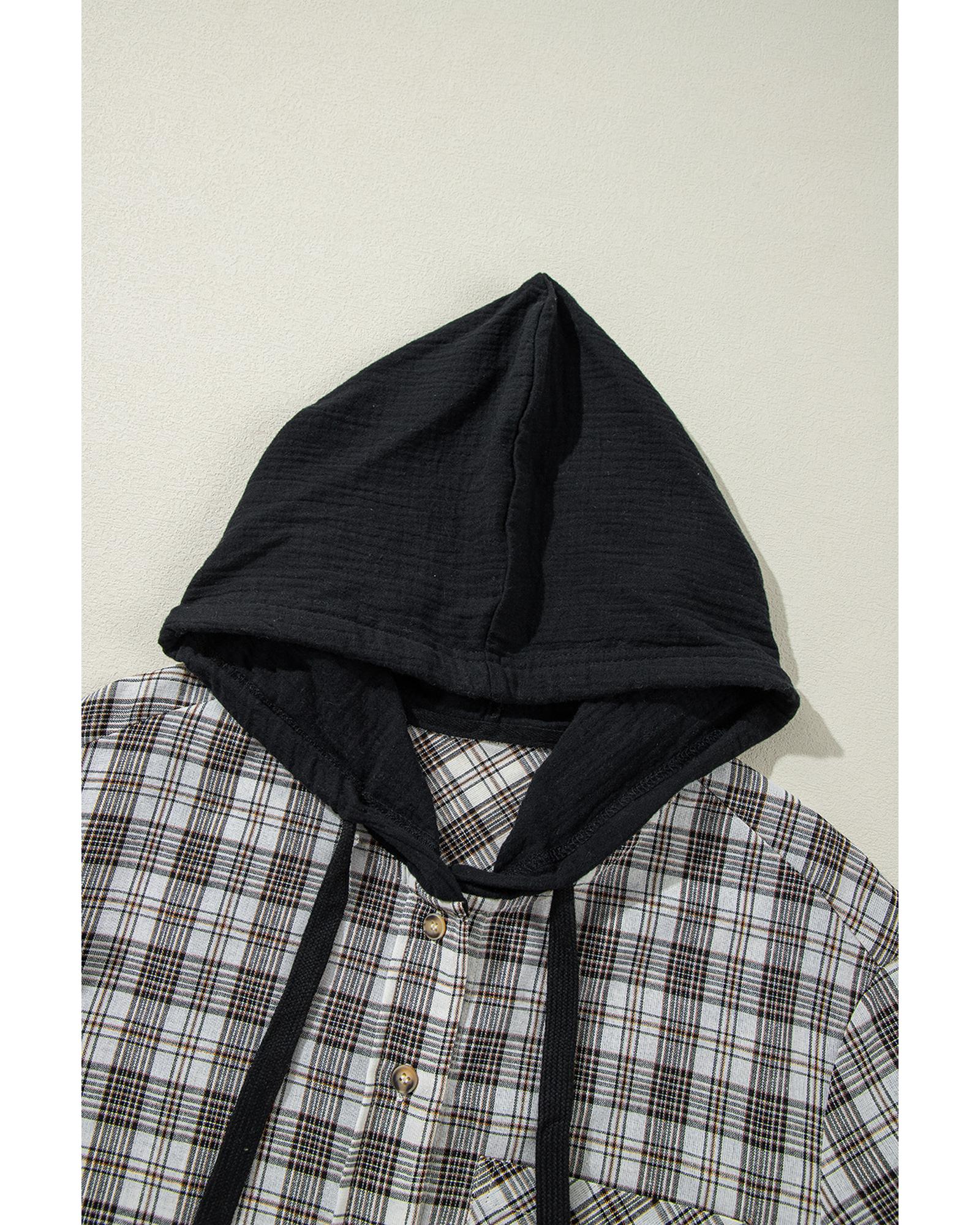 Black Checkered Print Loose Fit Buttoned Hooded Shacket - M