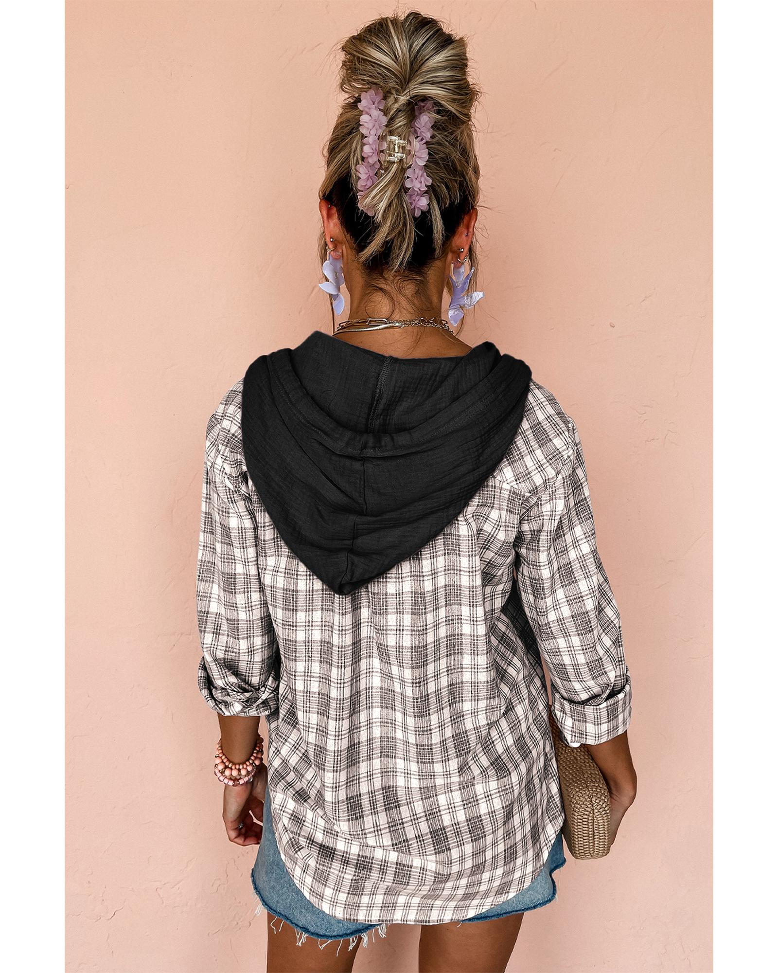 Black Checkered Print Loose Fit Buttoned Hooded Shacket - S