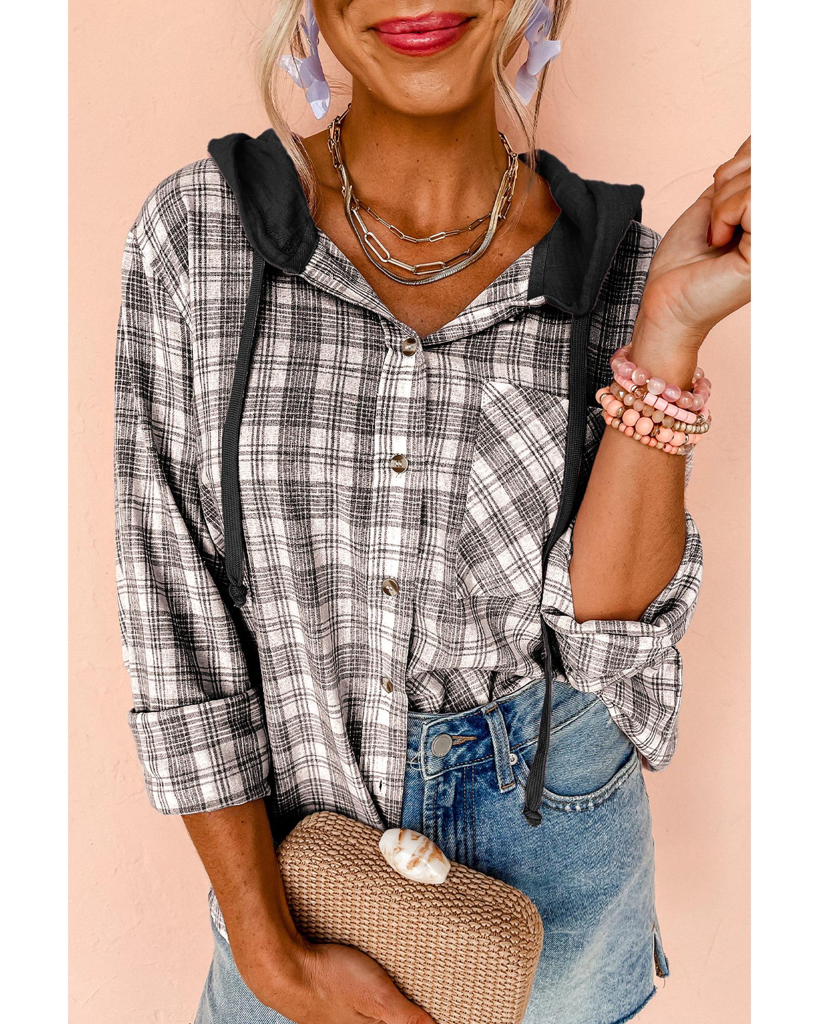 Black Checkered Print Loose Fit Buttoned Hooded Shacket - XL