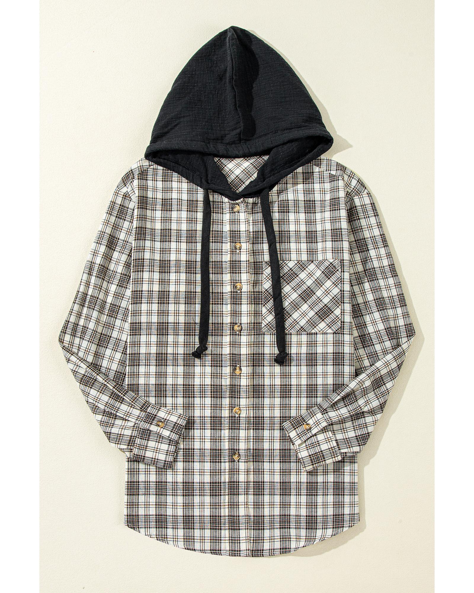 Black Checkered Print Loose Fit Buttoned Hooded Shacket - XL