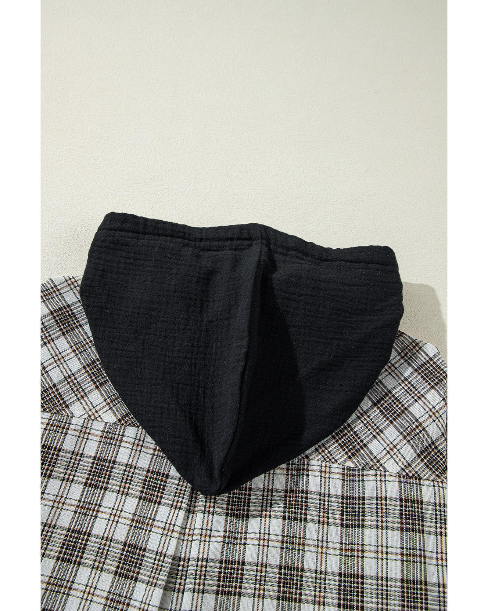 Black Checkered Print Loose Fit Buttoned Hooded Shacket - XL