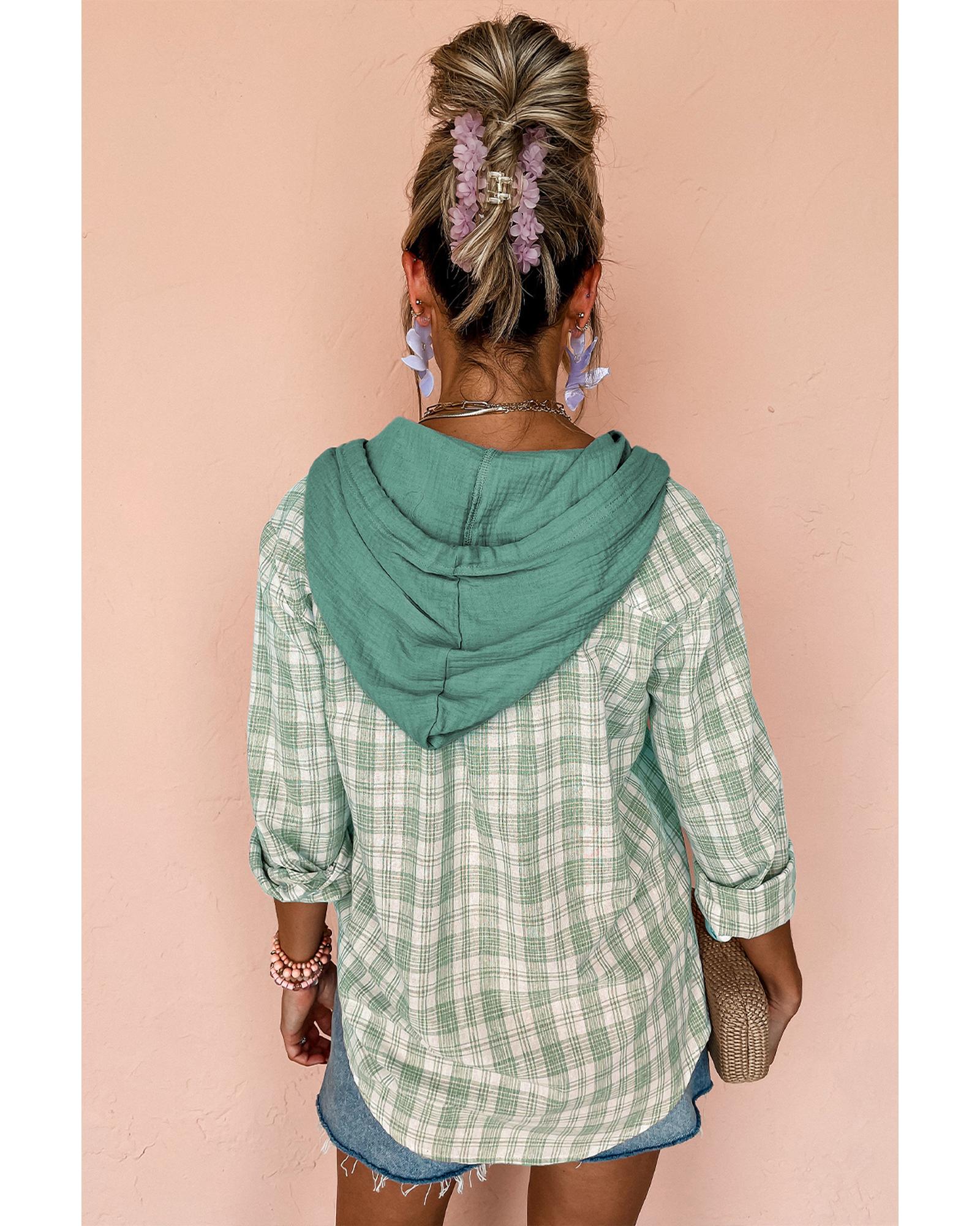 Green Checkered Print Loose Fit Buttoned Hooded Shacket - L