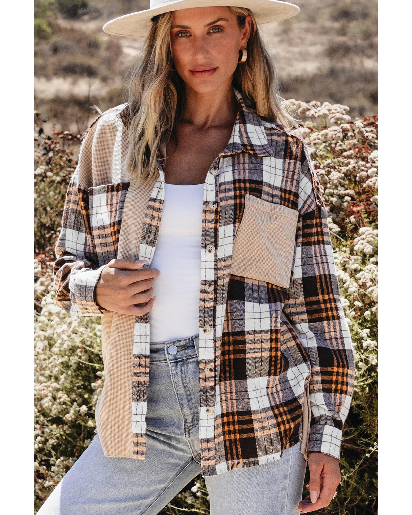 Khaki Thermal Knit Plaid Patchwork Shacket - L