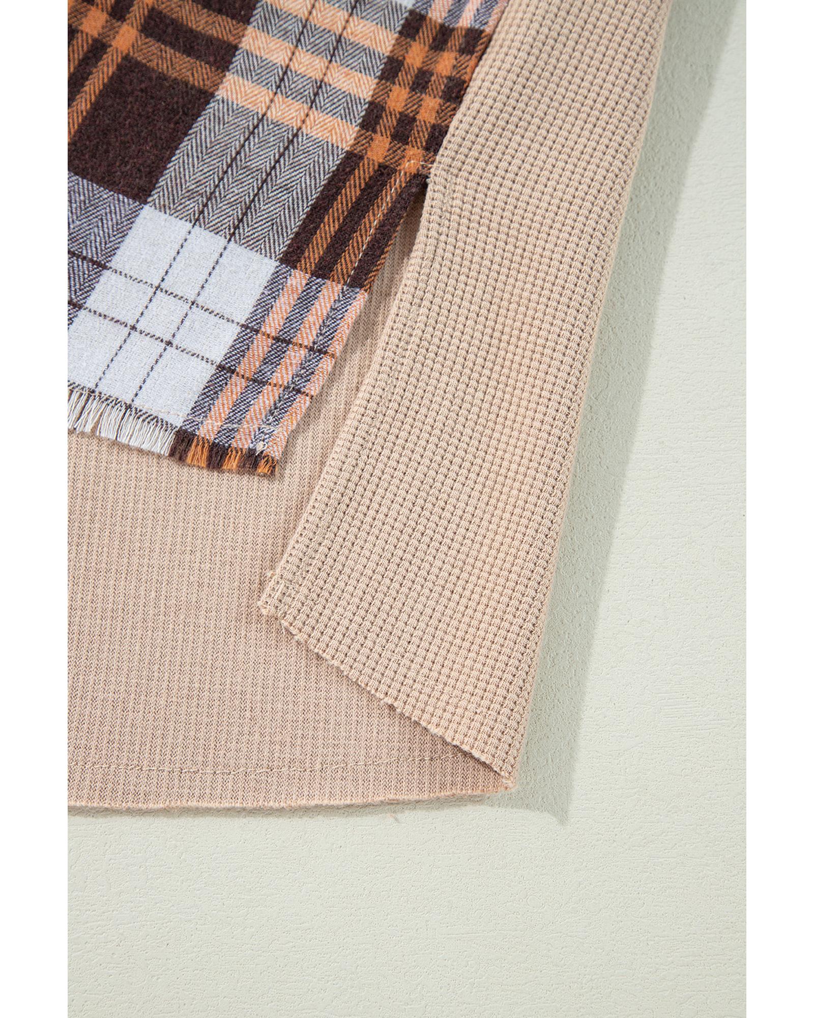 Khaki Thermal Knit Plaid Patchwork Shacket - S