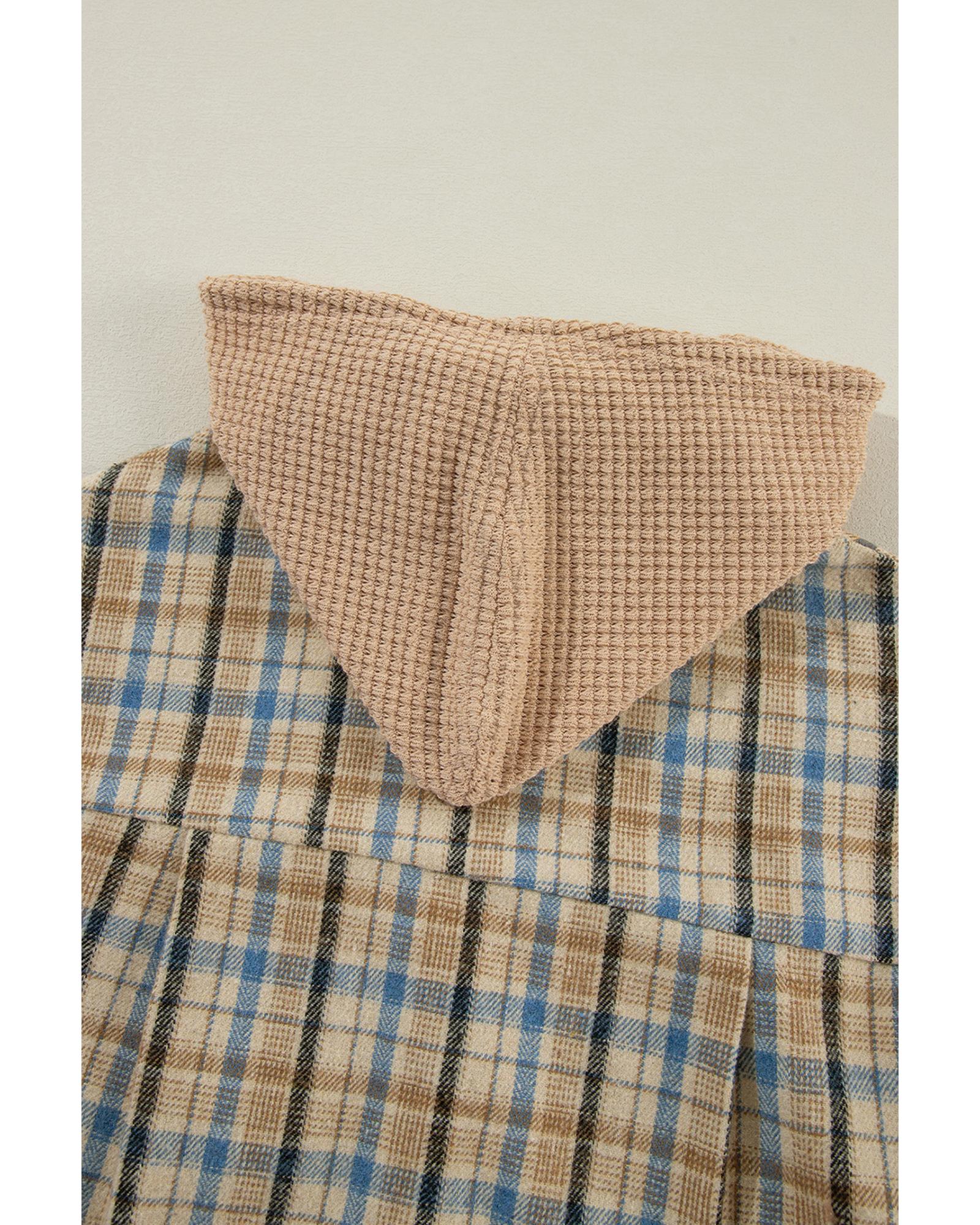 Ashleigh Blue Waffle Knit Patchwork Hooded Plaid Shacket - L