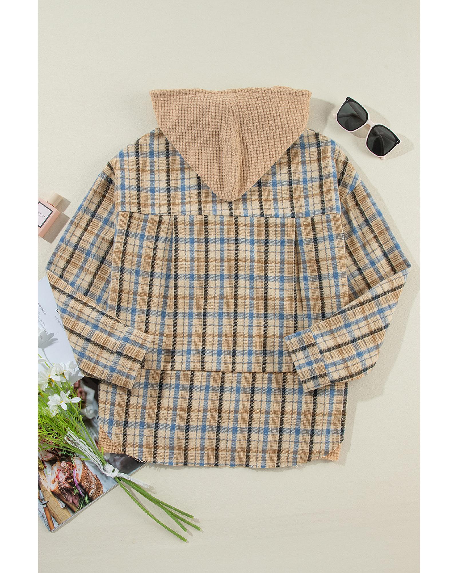 Ashleigh Blue Waffle Knit Patchwork Hooded Plaid Shacket - M