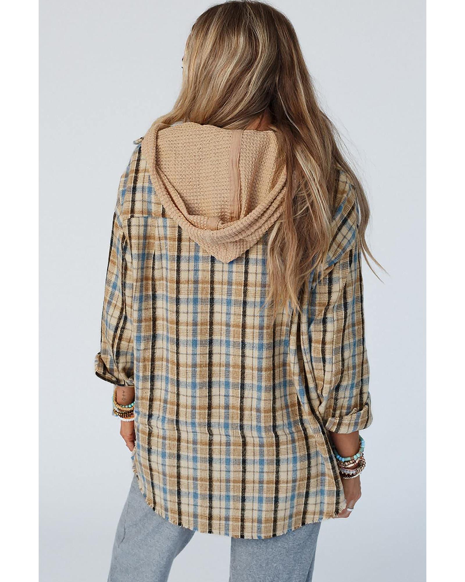 Ashleigh Blue Waffle Knit Patchwork Hooded Plaid Shacket - M