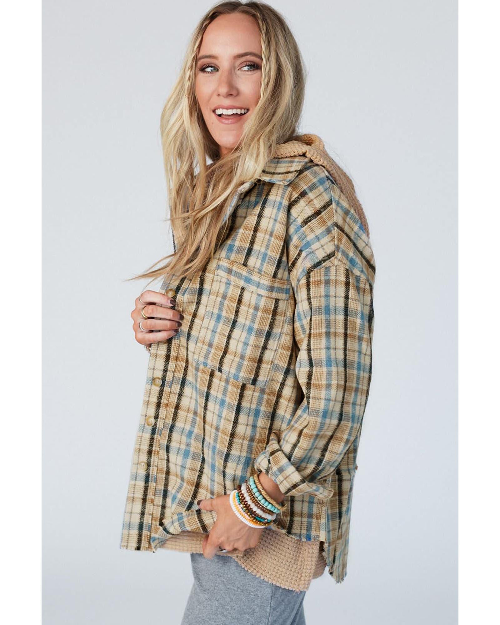 Ashleigh Blue Waffle Knit Patchwork Hooded Plaid Shacket - M