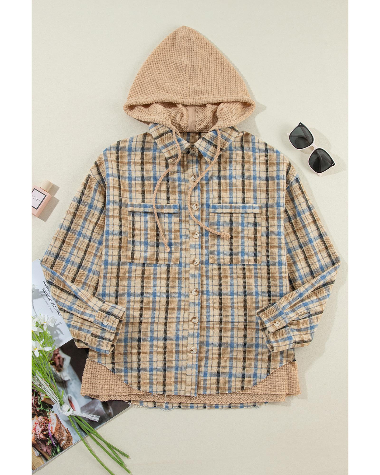 Ashleigh Blue Waffle Knit Patchwork Hooded Plaid Shacket - M