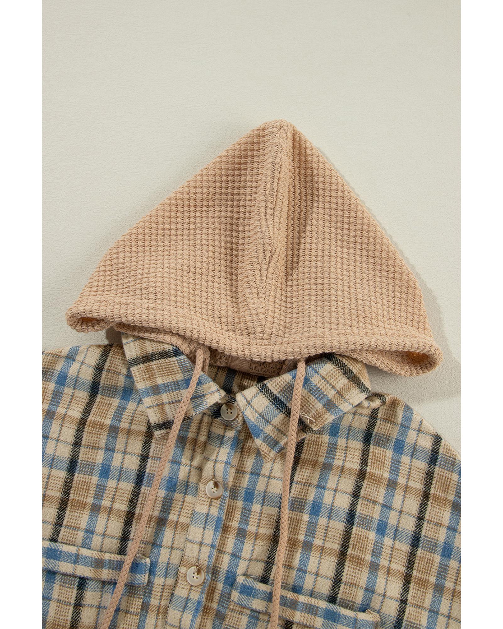 Ashleigh Blue Waffle Knit Patchwork Hooded Plaid Shacket - S