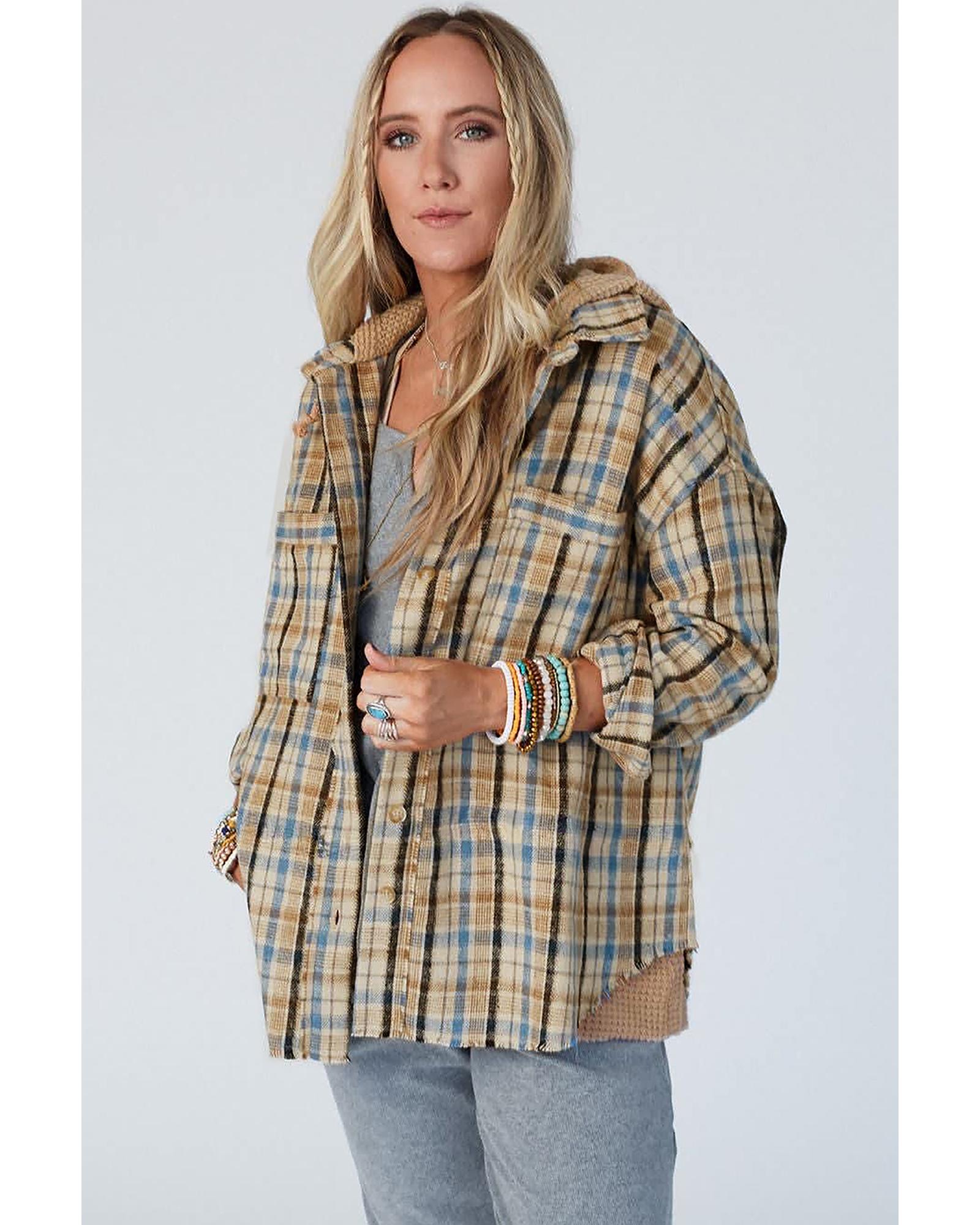 Ashleigh Blue Waffle Knit Patchwork Hooded Plaid Shacket - XL