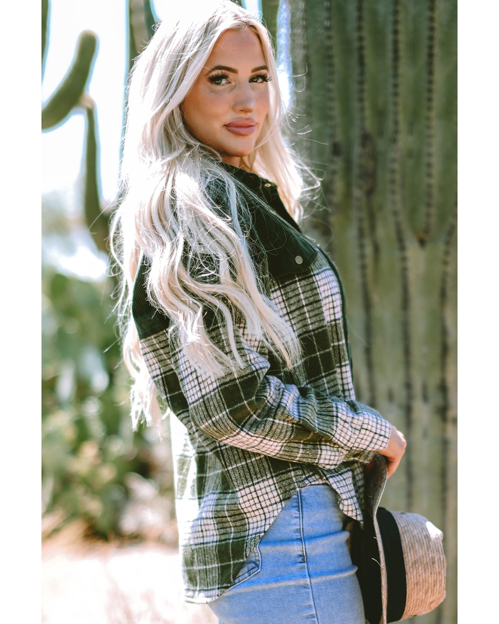 Blackish Green Snap Buttons Colorblock Plaid Shacket - L