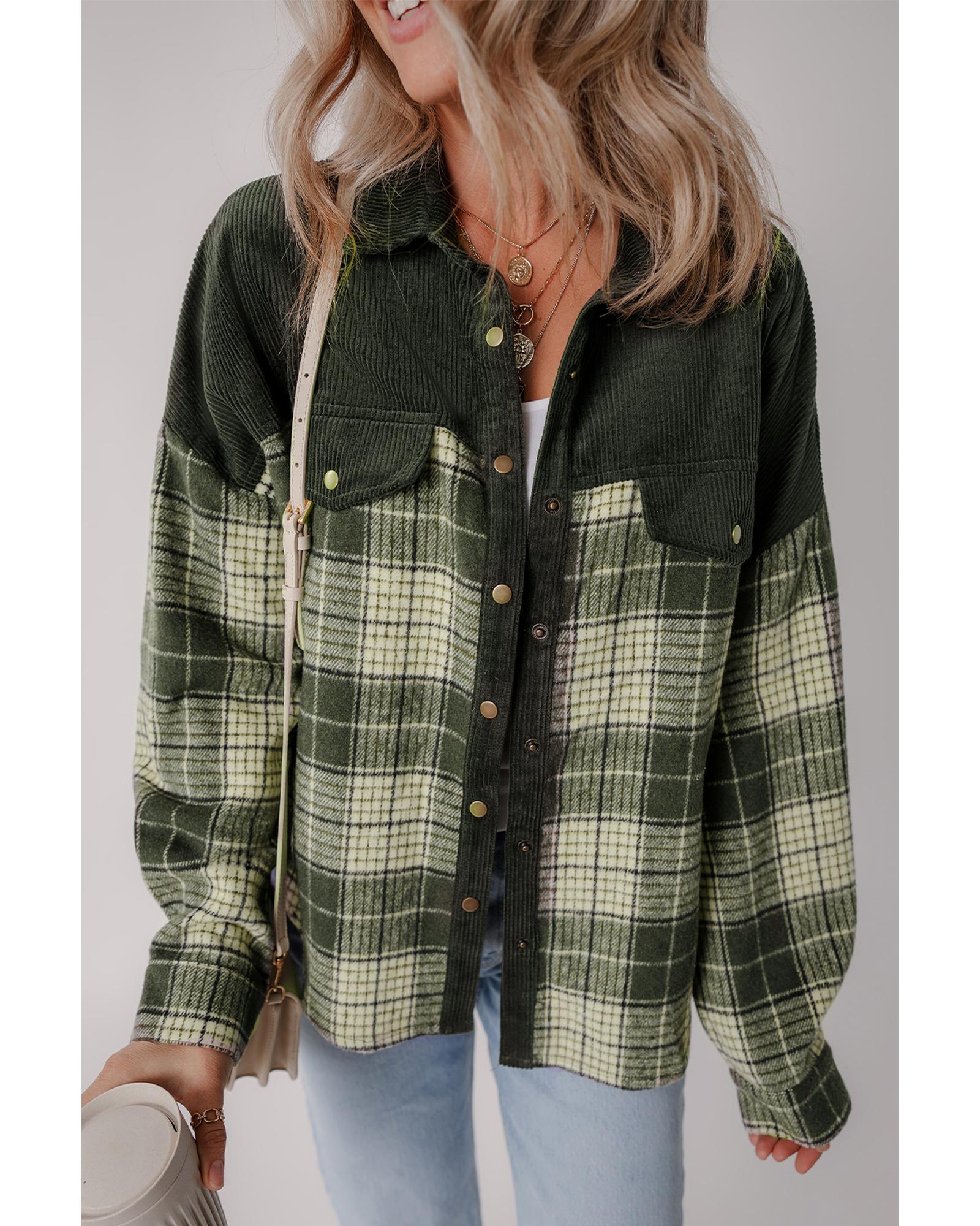 Blackish Green Snap Buttons Colorblock Plaid Shacket - L