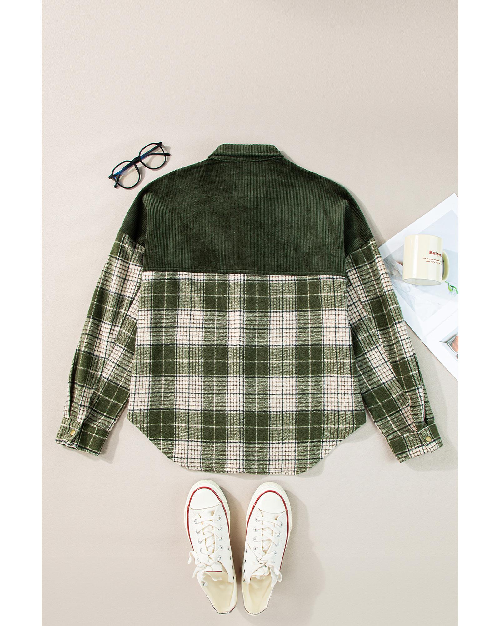 Blackish Green Snap Buttons Colorblock Plaid Shacket - L