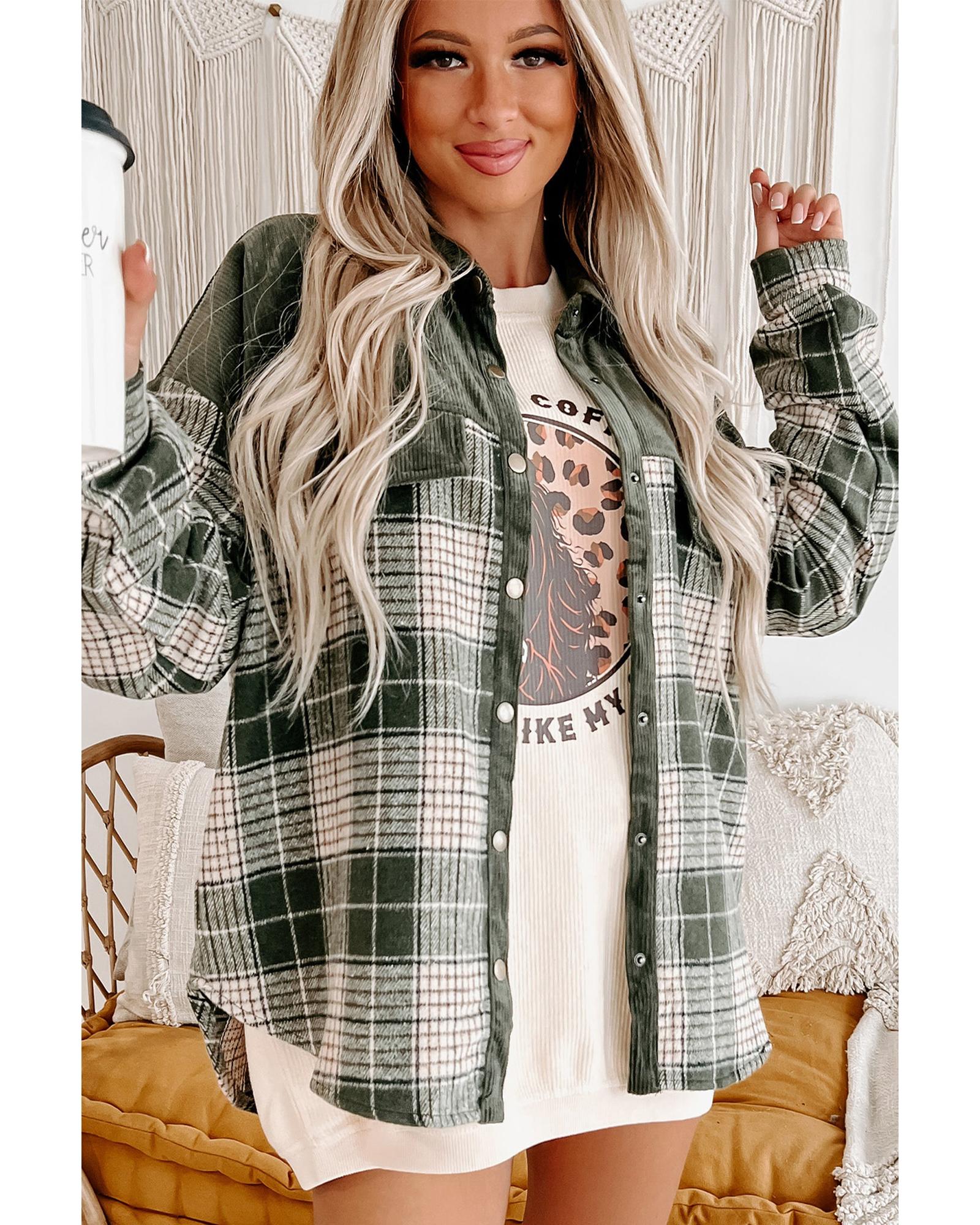 Blackish Green Snap Buttons Colorblock Plaid Shacket - L